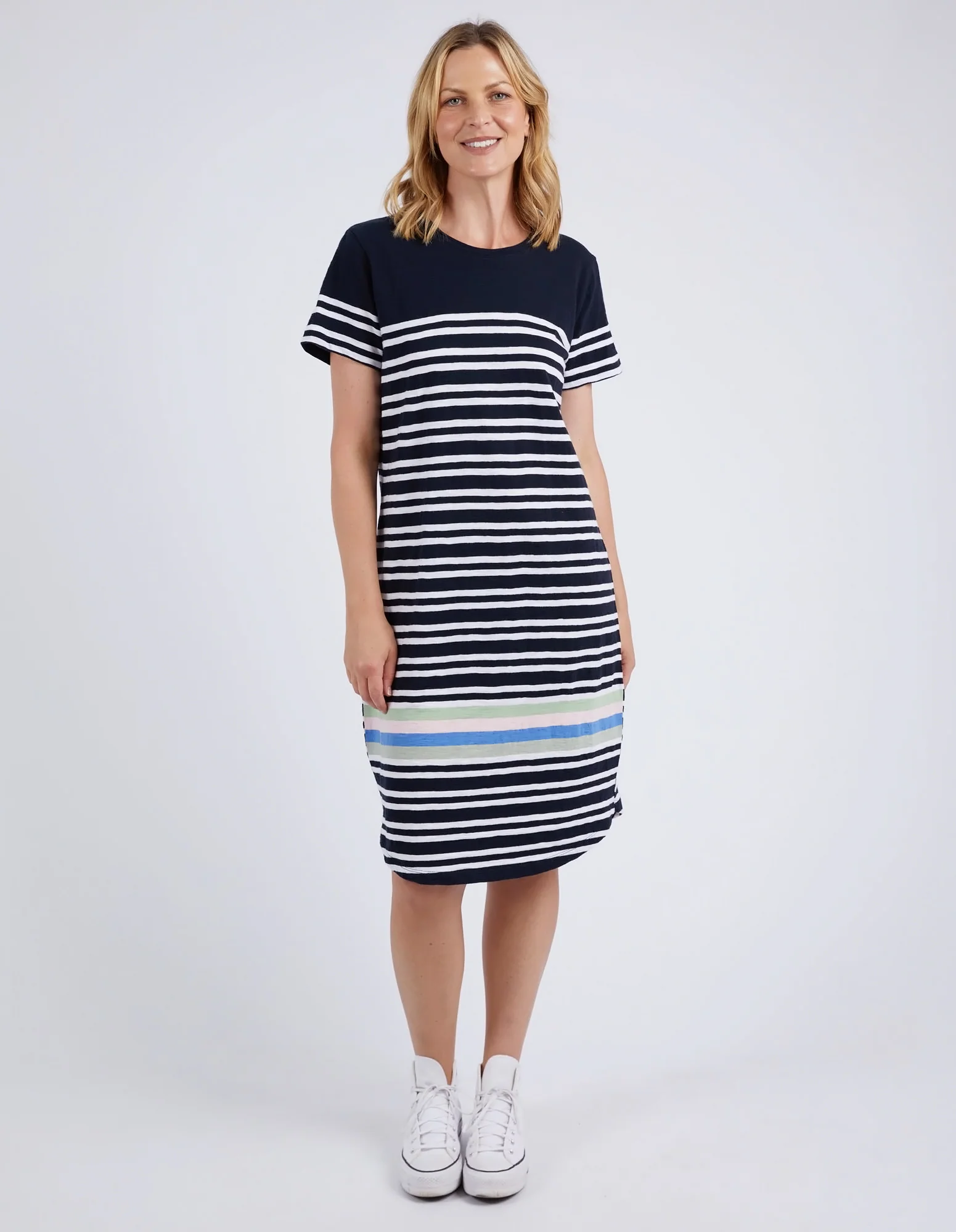 Elm Aligner Tee Dress Navy and White Stripe - Image 2