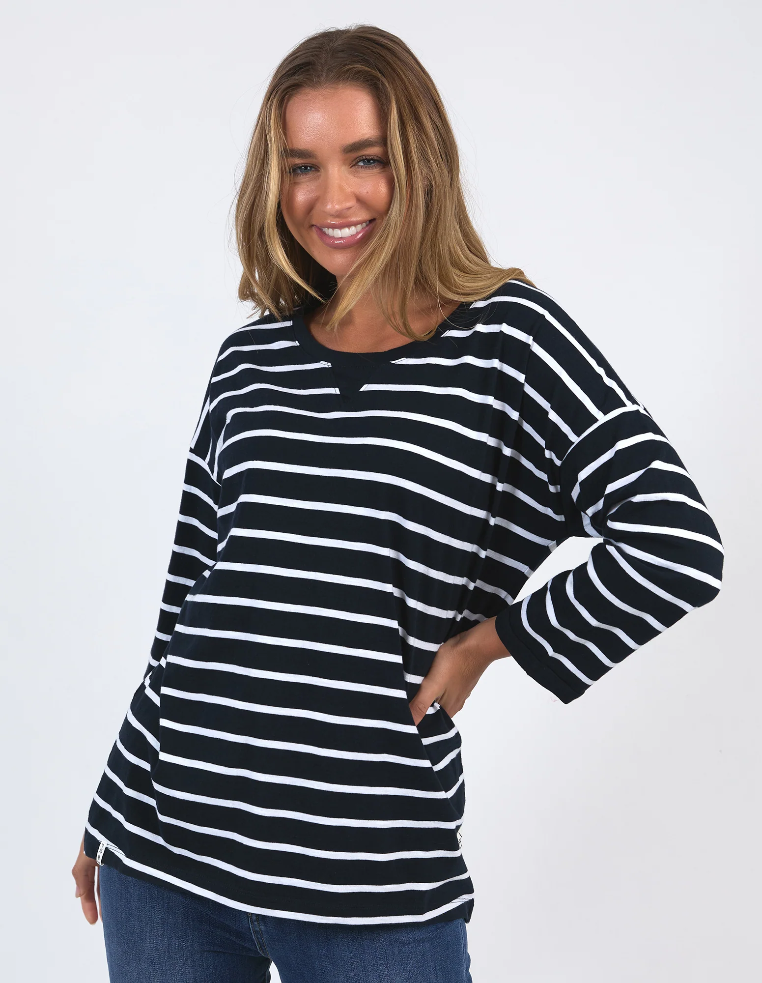 Elm Annie 3/4 Sleeve Tee Navy White Stripe - Image 2