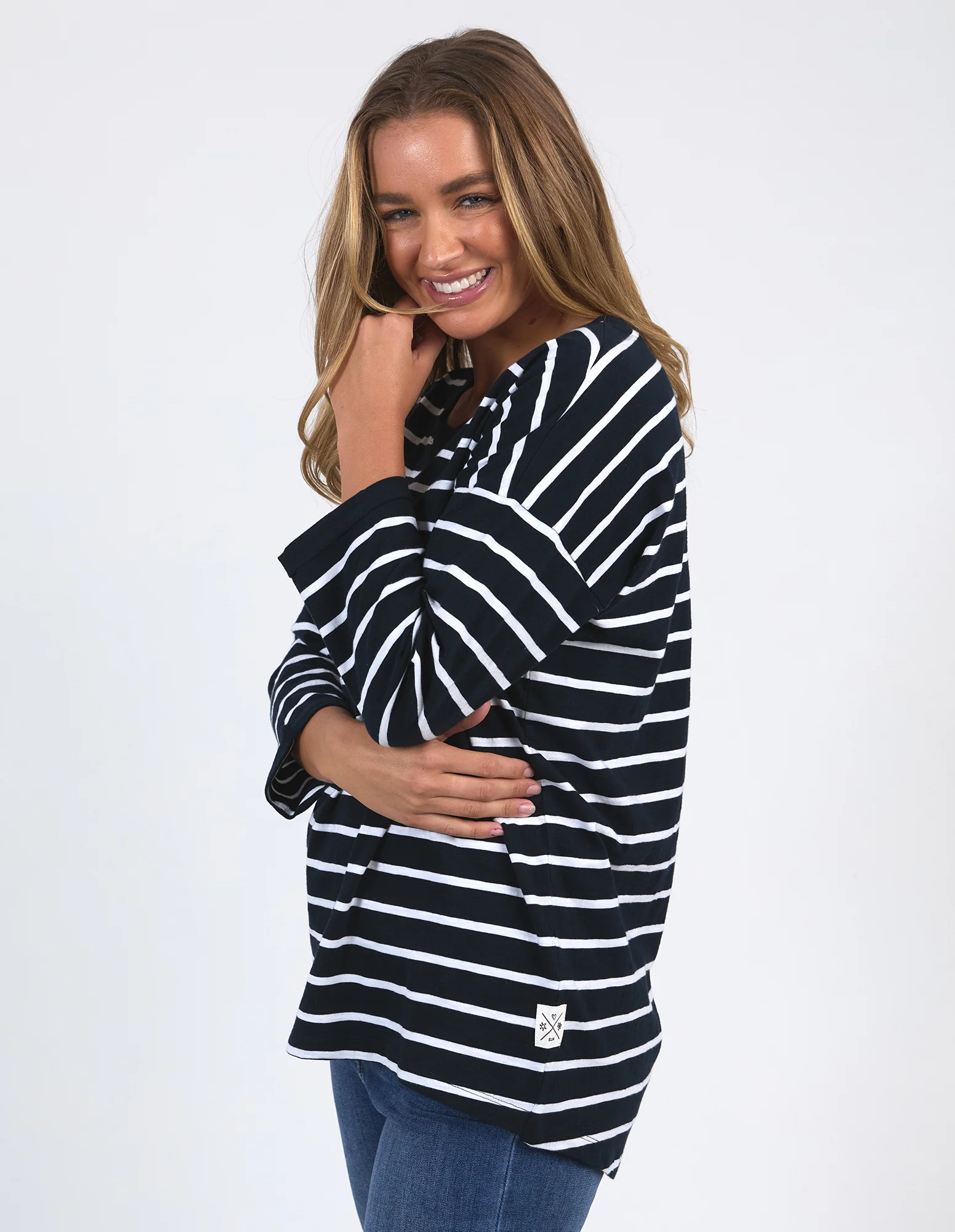 Elm Annie 3/4 Sleeve Tee Navy White Stripe - Image 4