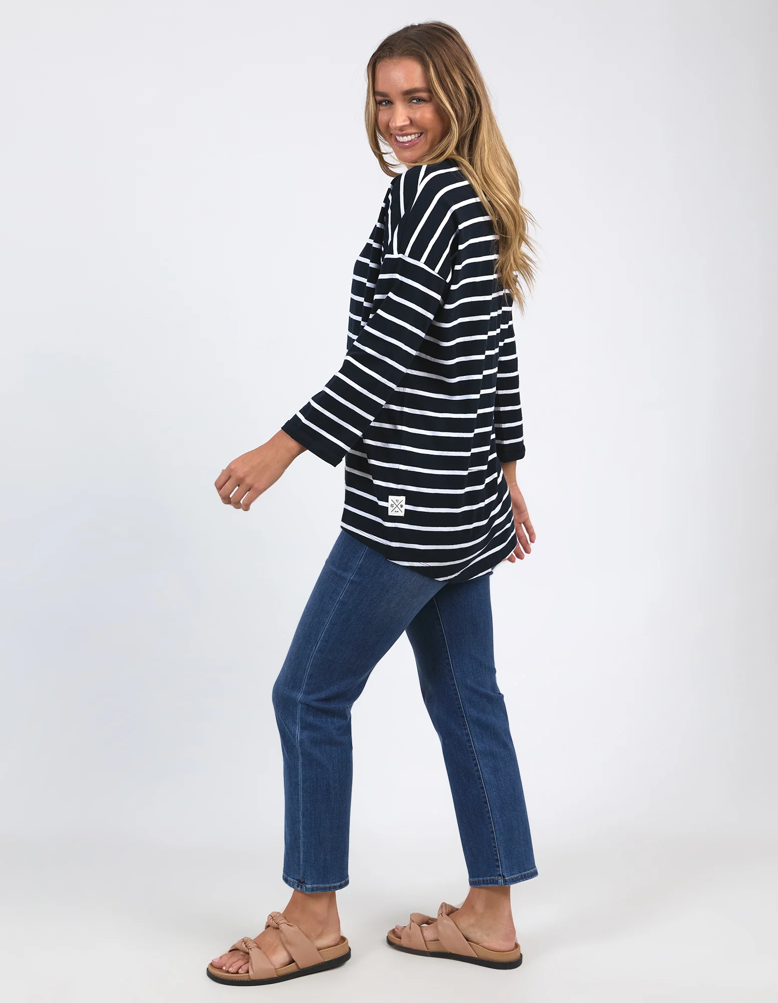Elm Annie 3/4 Sleeve Tee Navy White Stripe - Image 5