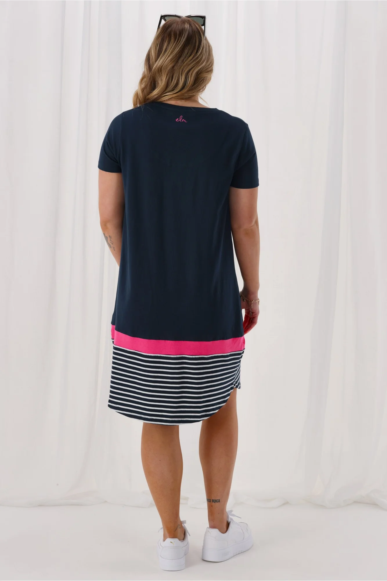 Elm Draw The Line Dress Navy Neon Rose Navy White Stripe - Image 6