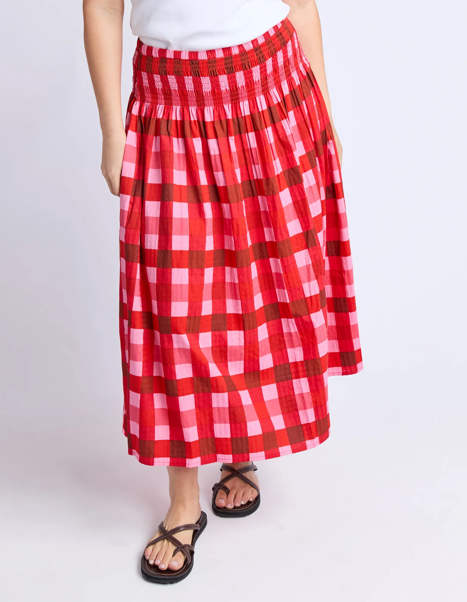 Elm Edin Shirred Skirt Poppy Red Check - Image 3
