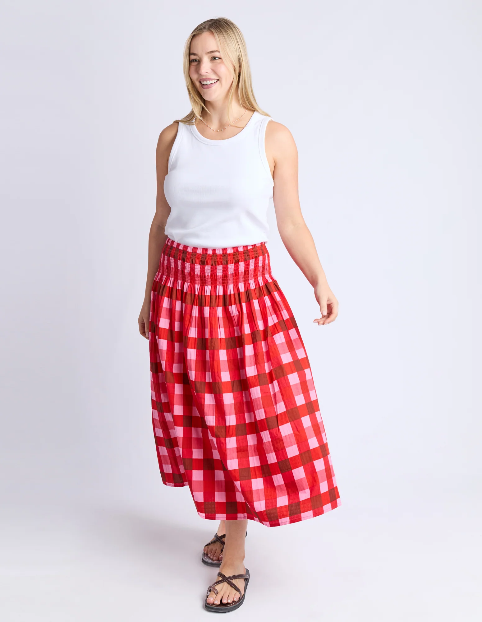 Elm Edin Shirred Skirt Poppy Red Check - Image 4