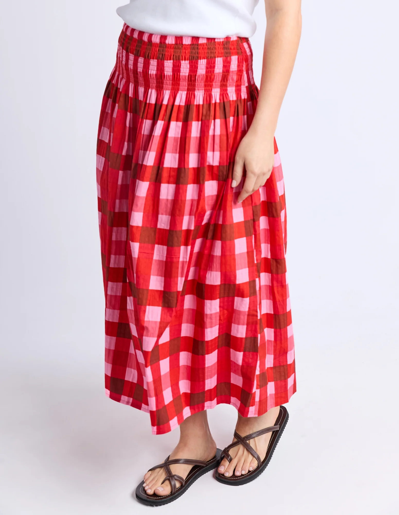 Elm Edin Shirred Skirt Poppy Red Check - Image 5