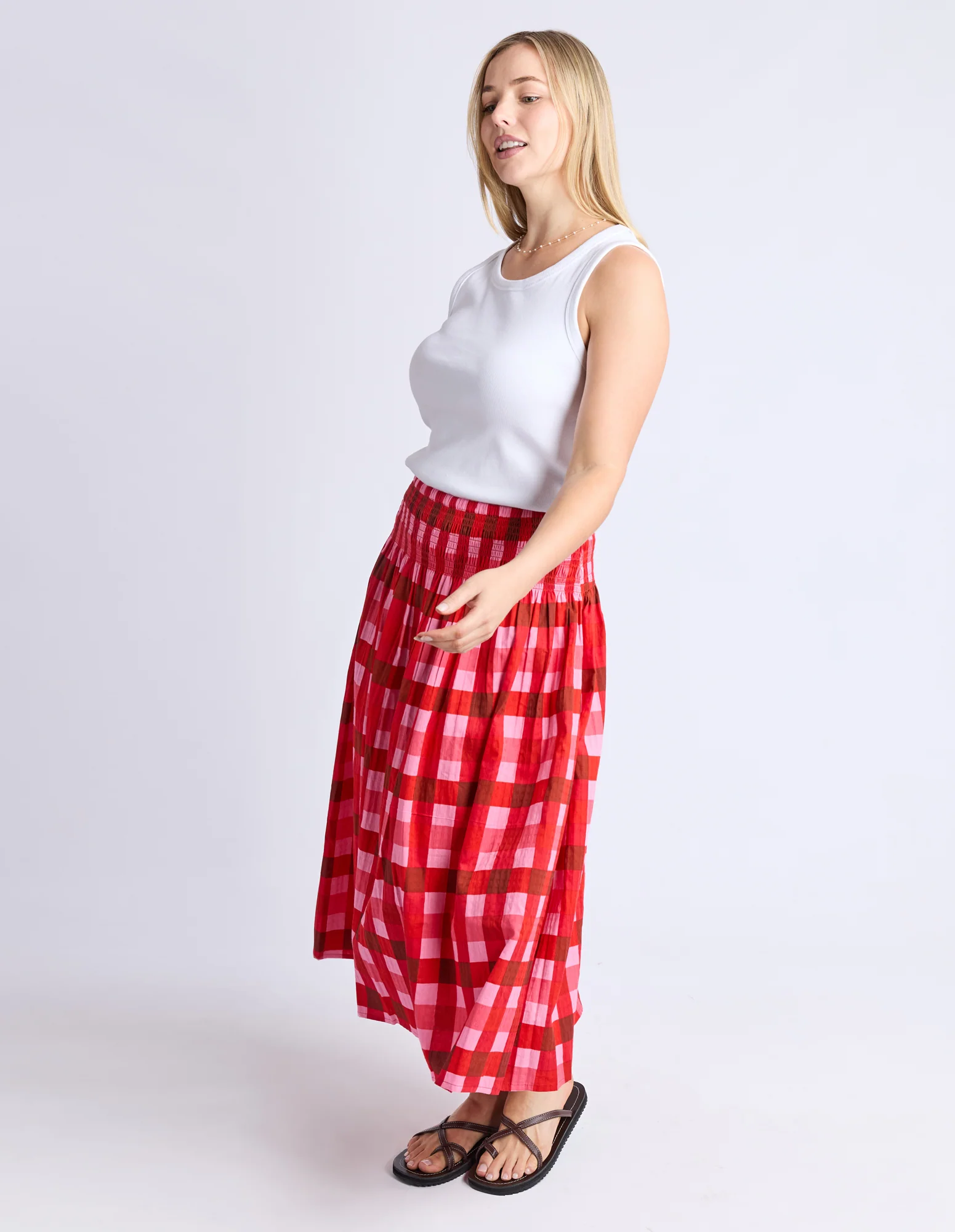 Elm Edin Shirred Skirt Poppy Red Check - Image 7
