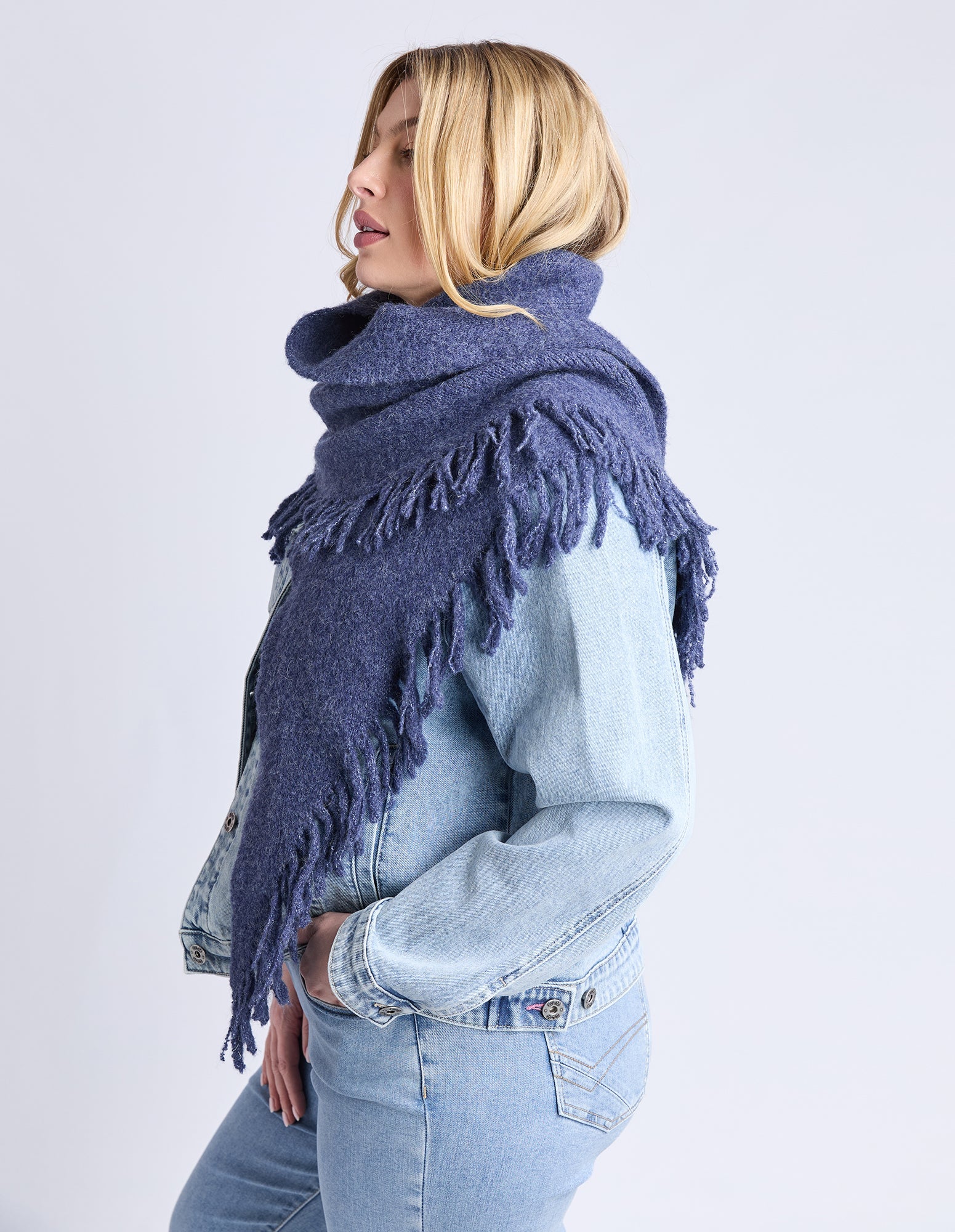 Elm Fringed Triangle Scarf Navy - Image 3