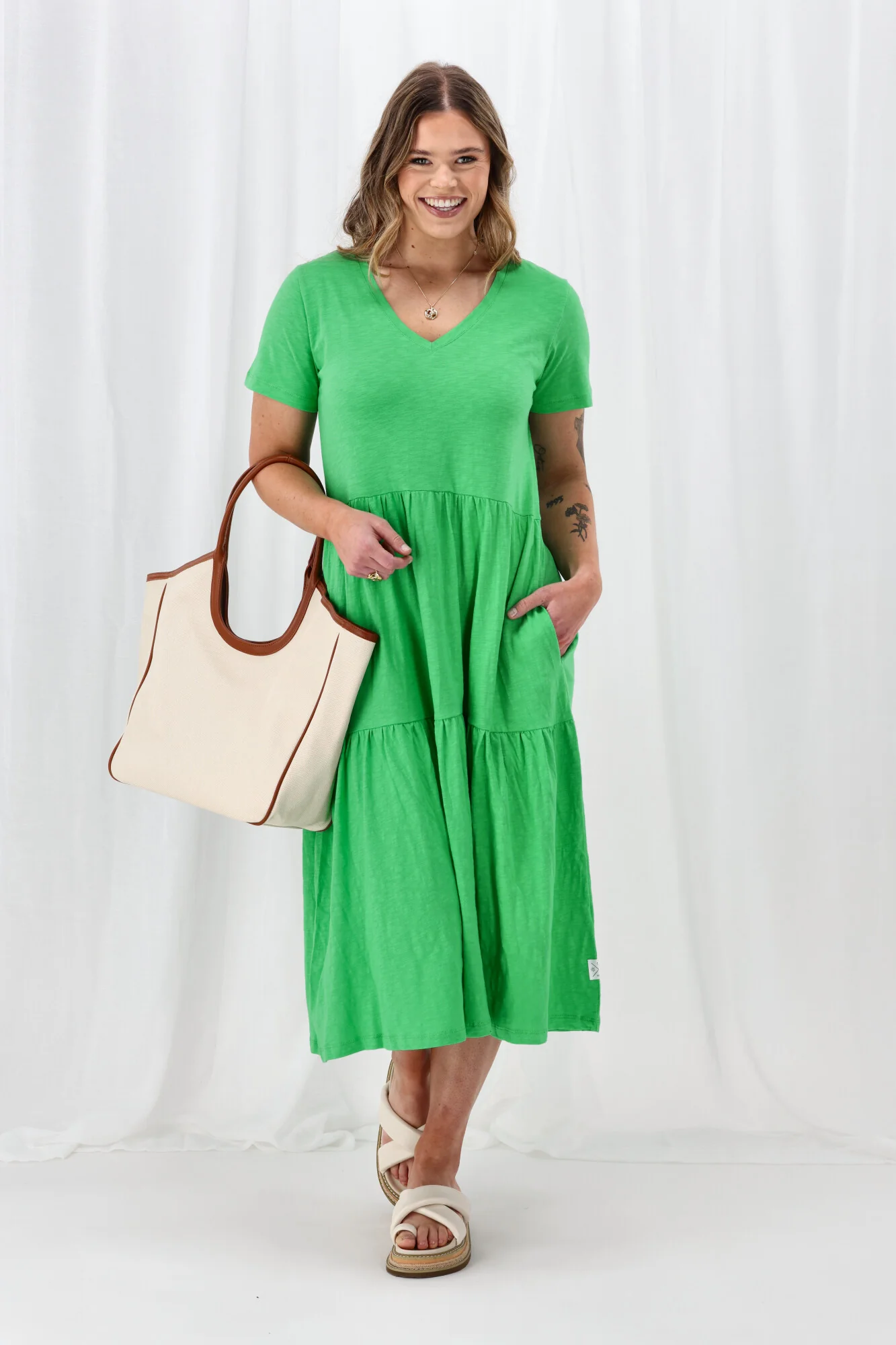 Elm Gigi Tiered Midi Dress Spring Green - Image 4