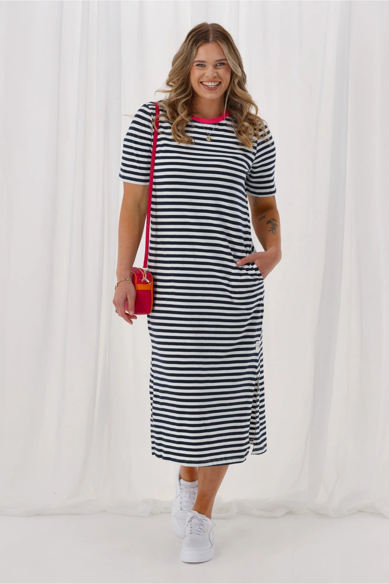 Elm Merry Tee Dress Navy White Stripe Neon Rose Neck