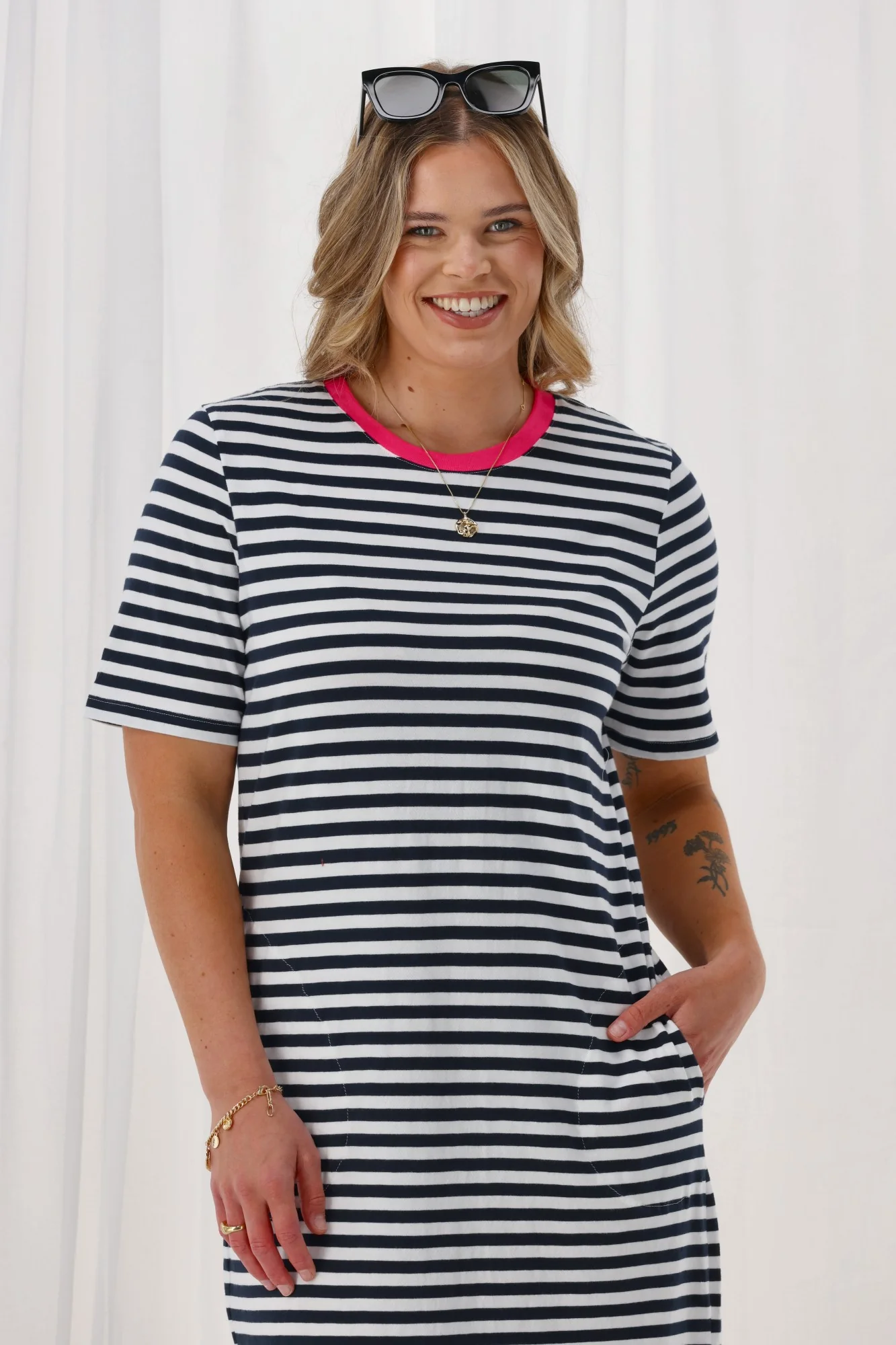 Elm Merry Tee Dress Navy White Stripe Neon Rose Neck - Image 2