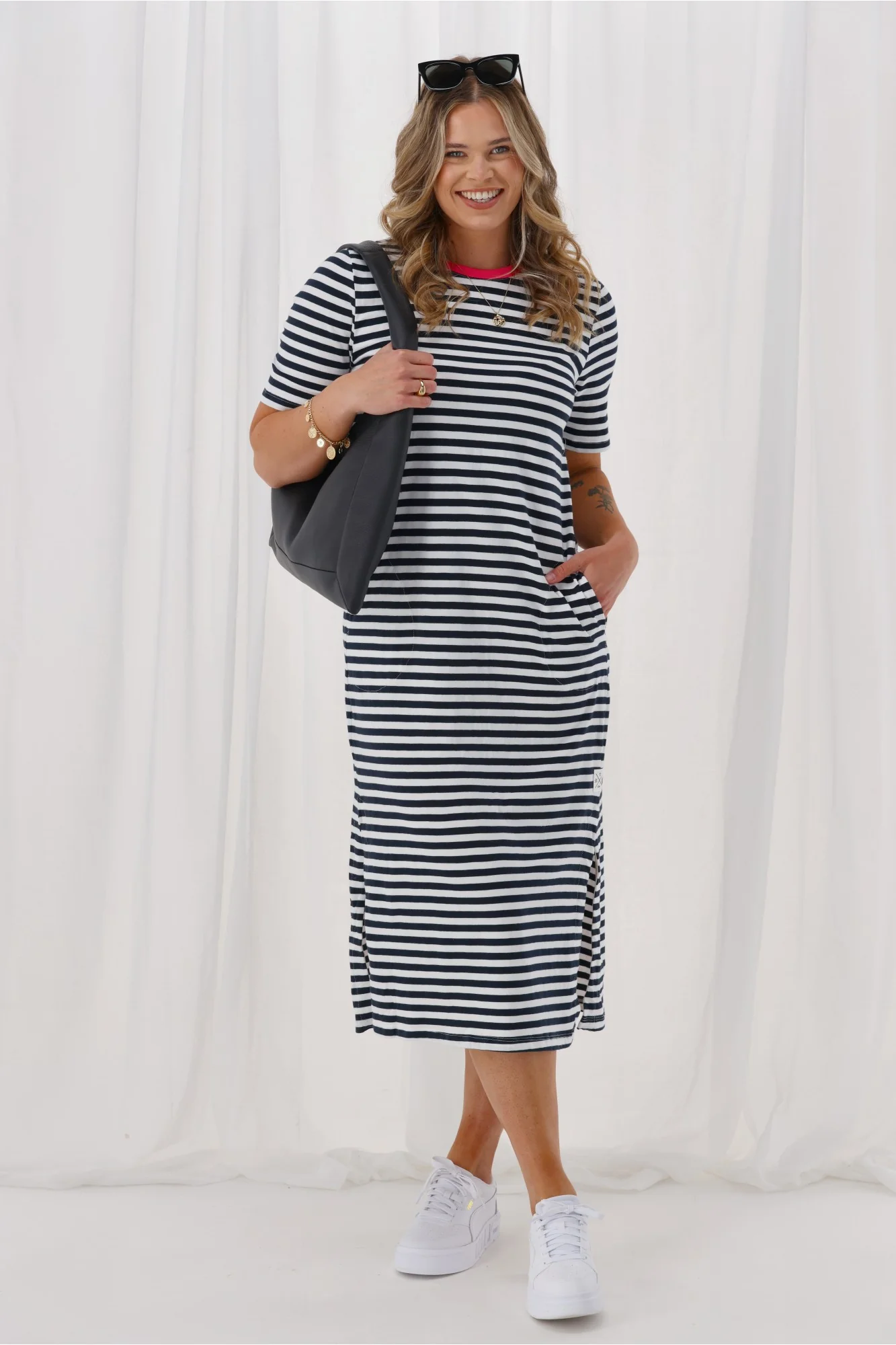Elm Merry Tee Dress Navy White Stripe Neon Rose Neck - Image 3
