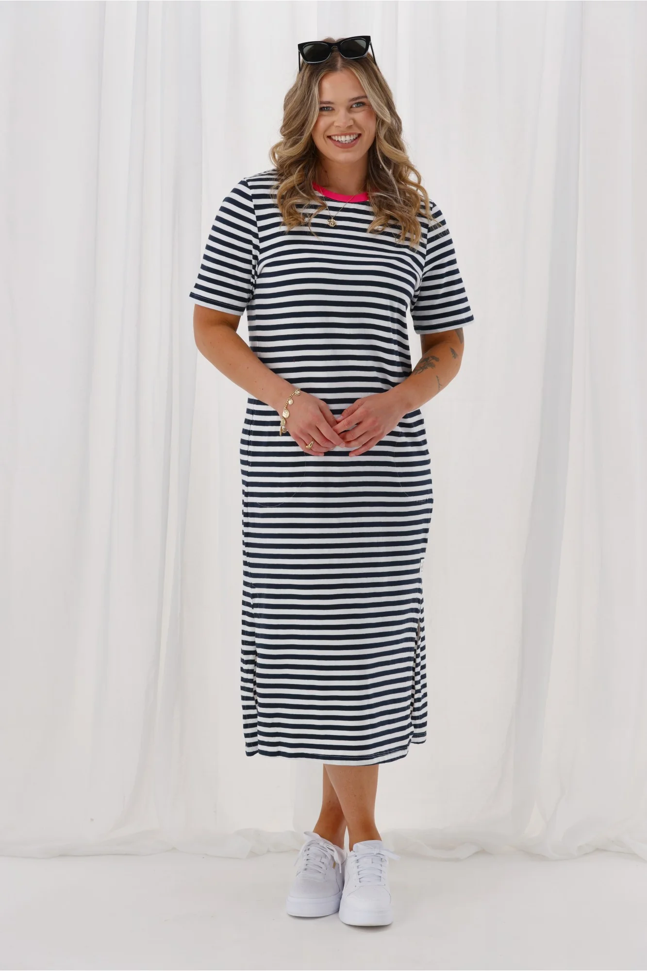 Elm Merry Tee Dress Navy White Stripe Neon Rose Neck - Image 4
