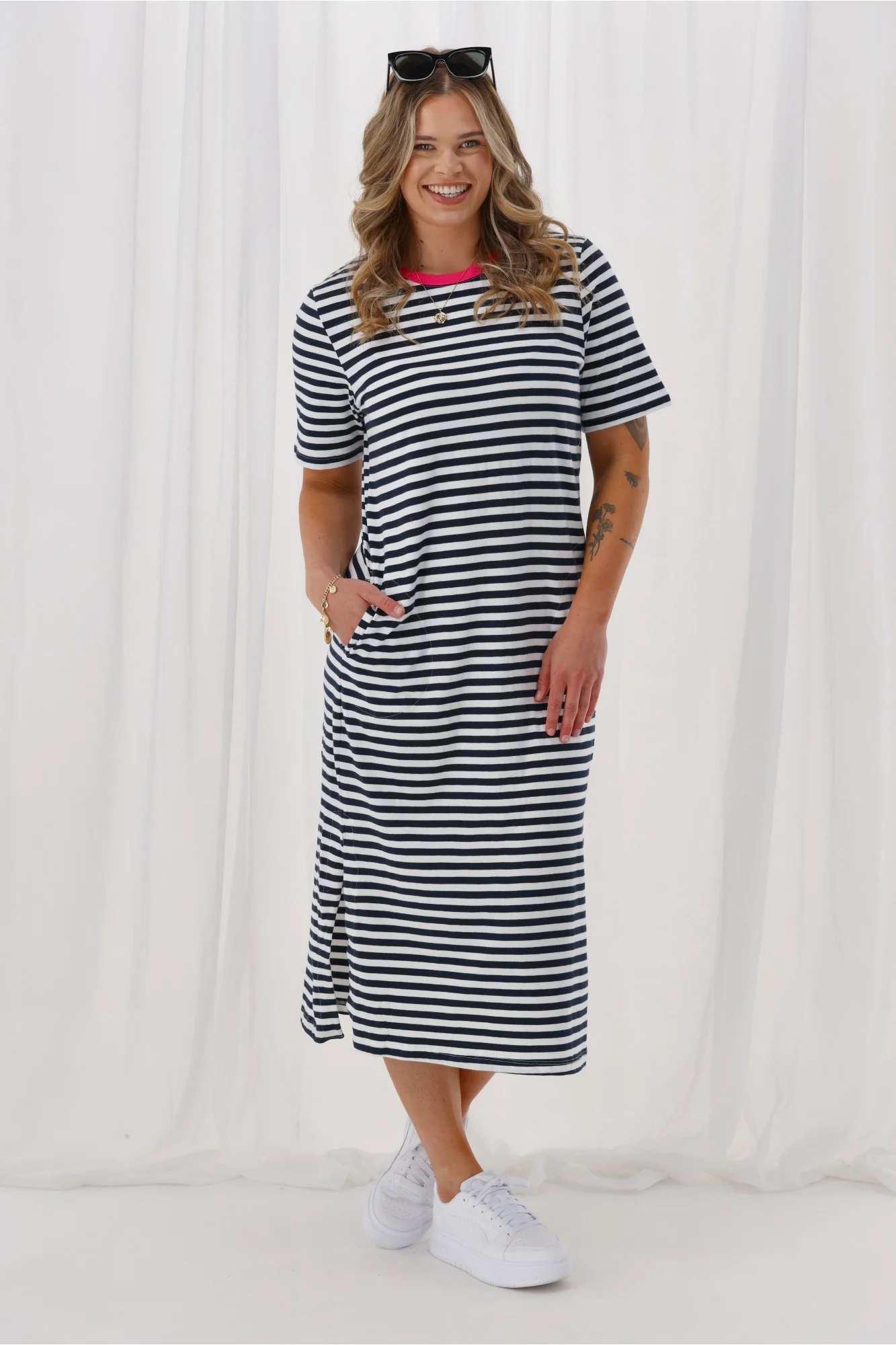 Elm Merry Tee Dress Navy White Stripe Neon Rose Neck - Image 5