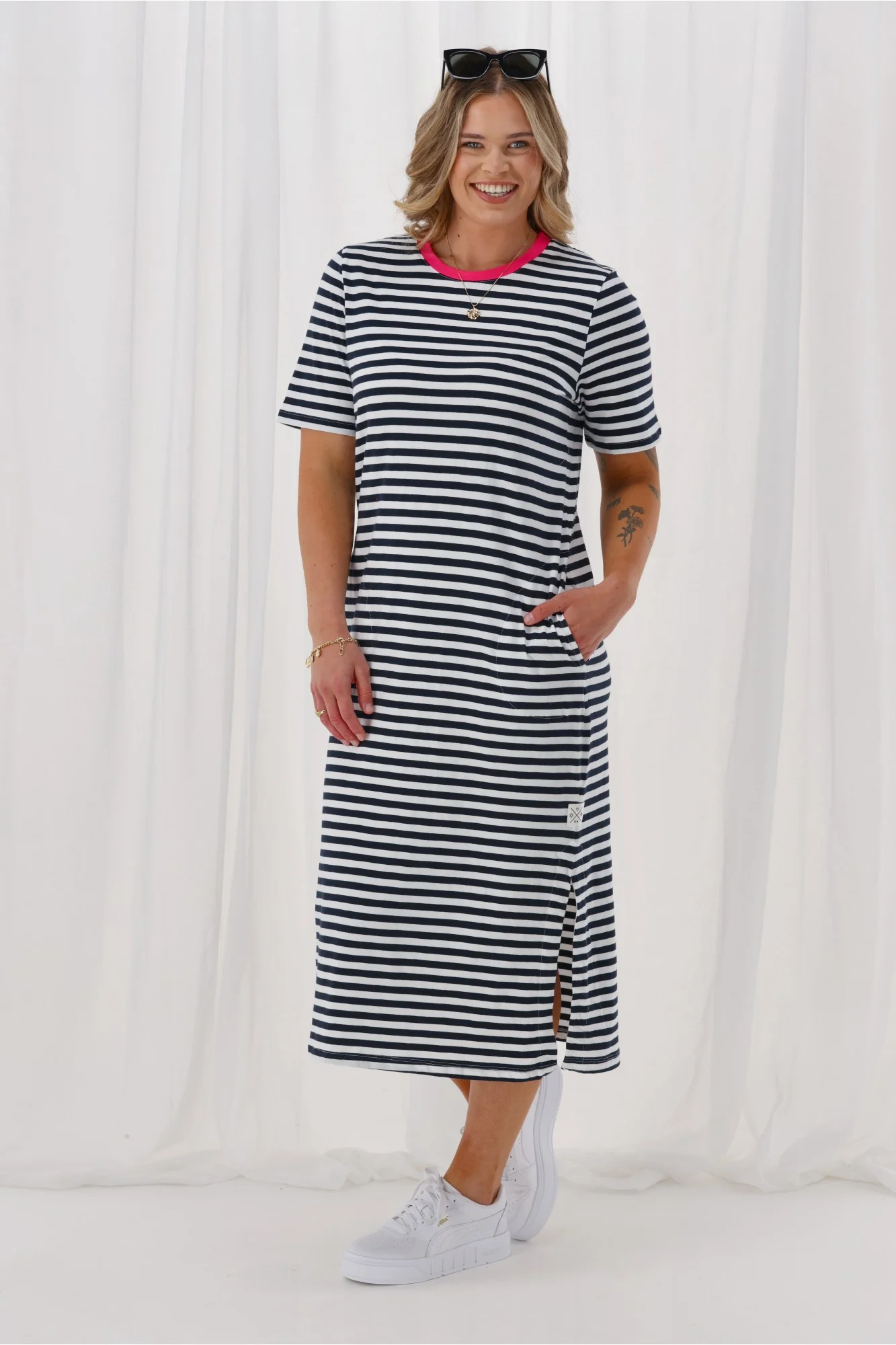 Elm Merry Tee Dress Navy White Stripe Neon Rose Neck - Image 6