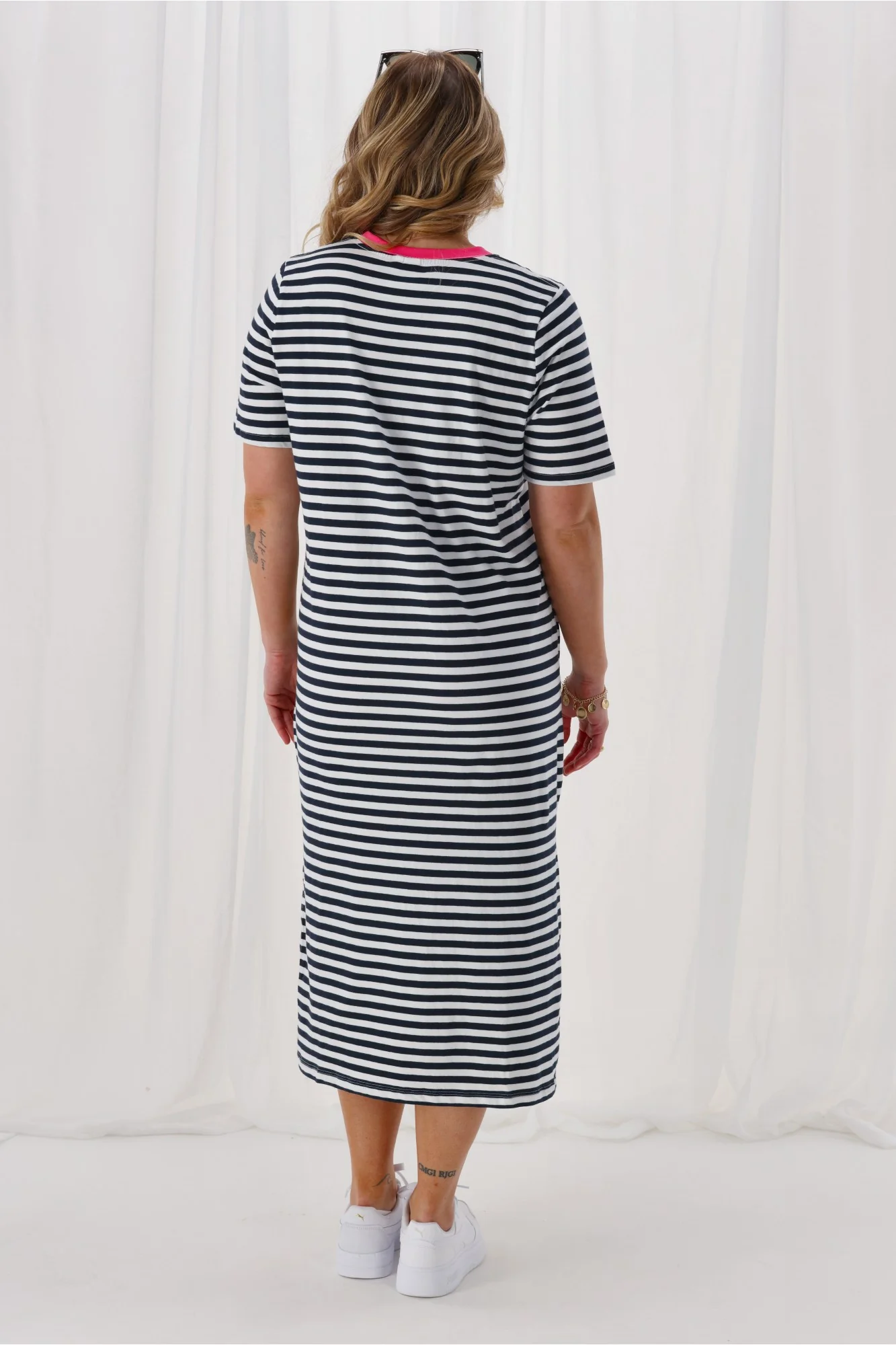 Elm Merry Tee Dress Navy White Stripe Neon Rose Neck - Image 7