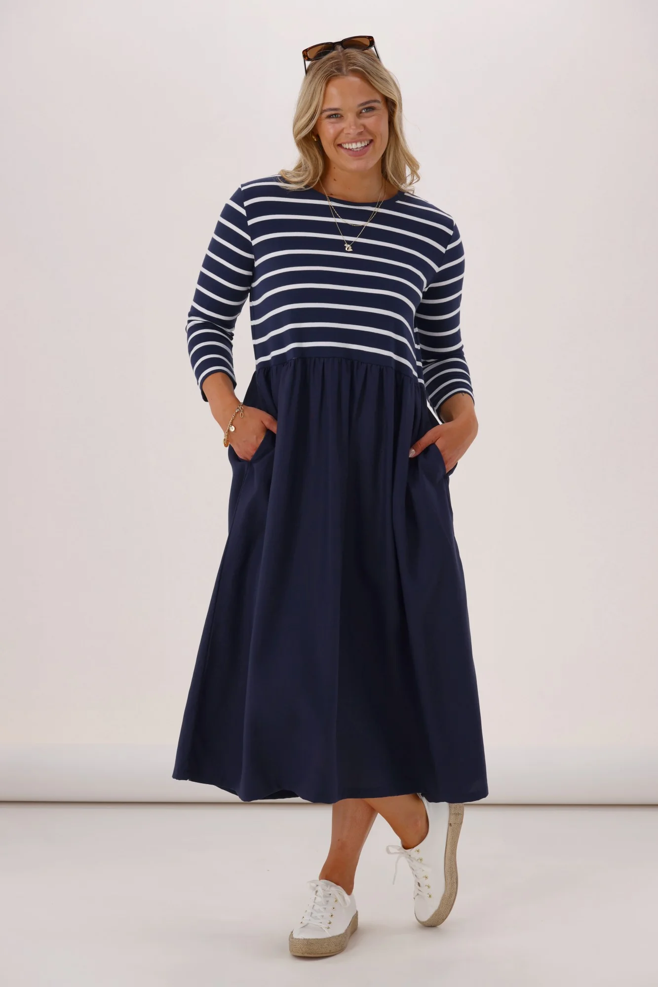 Elm Parker 3/4 Sleeve Dress Navy Stripe