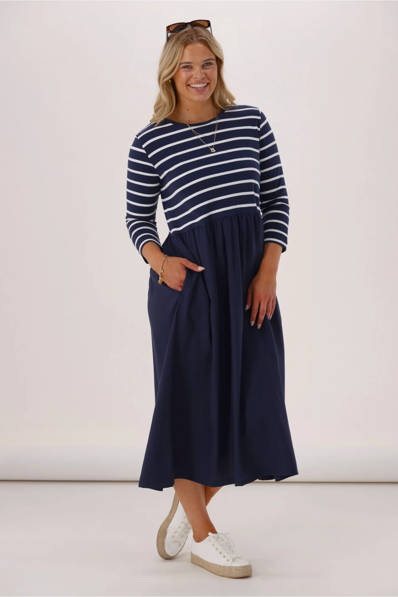 Elm Parker 3/4 Sleeve Dress Navy Stripe - Image 2