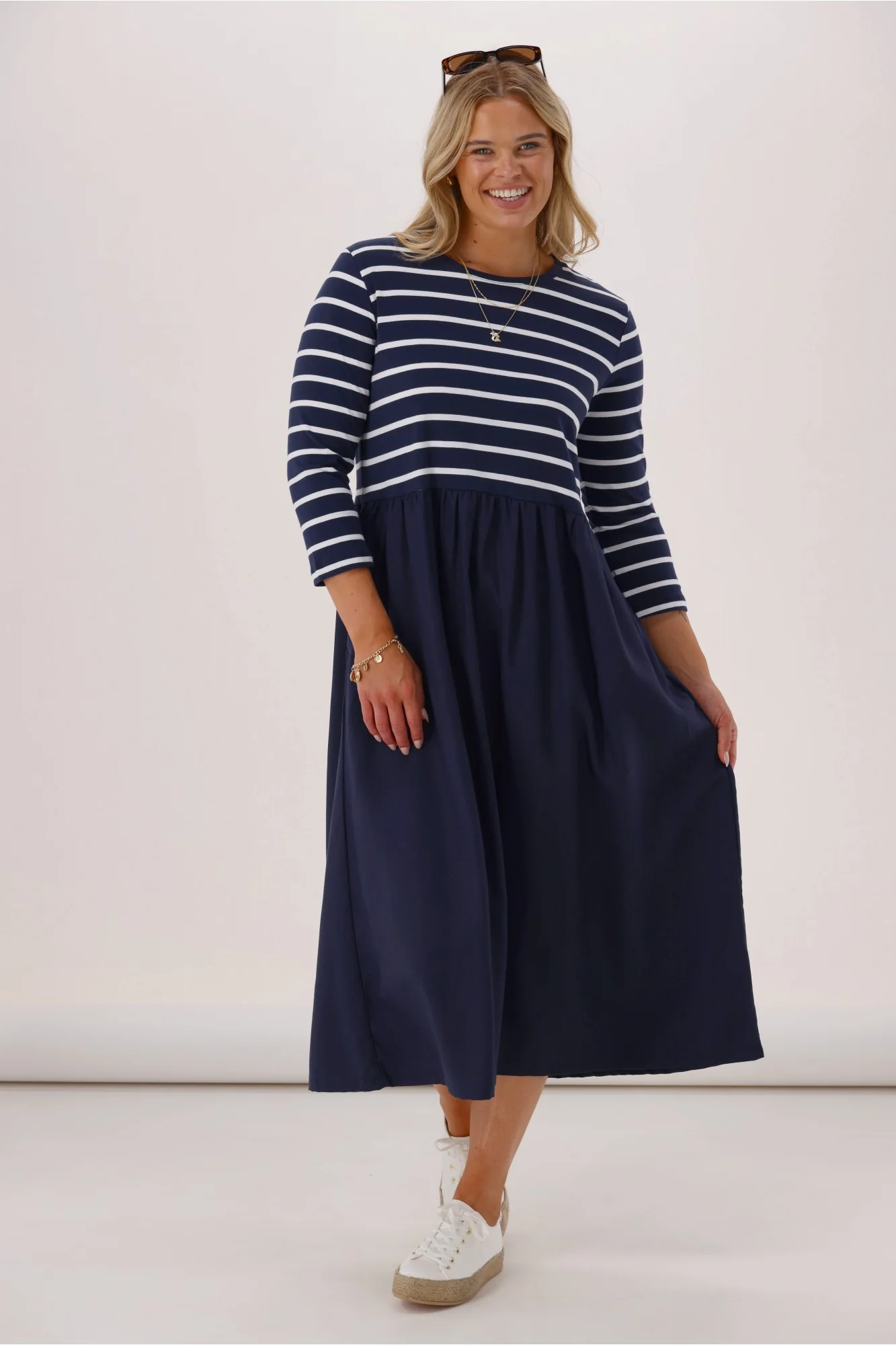 Elm Parker 3/4 Sleeve Dress Navy Stripe - Image 3