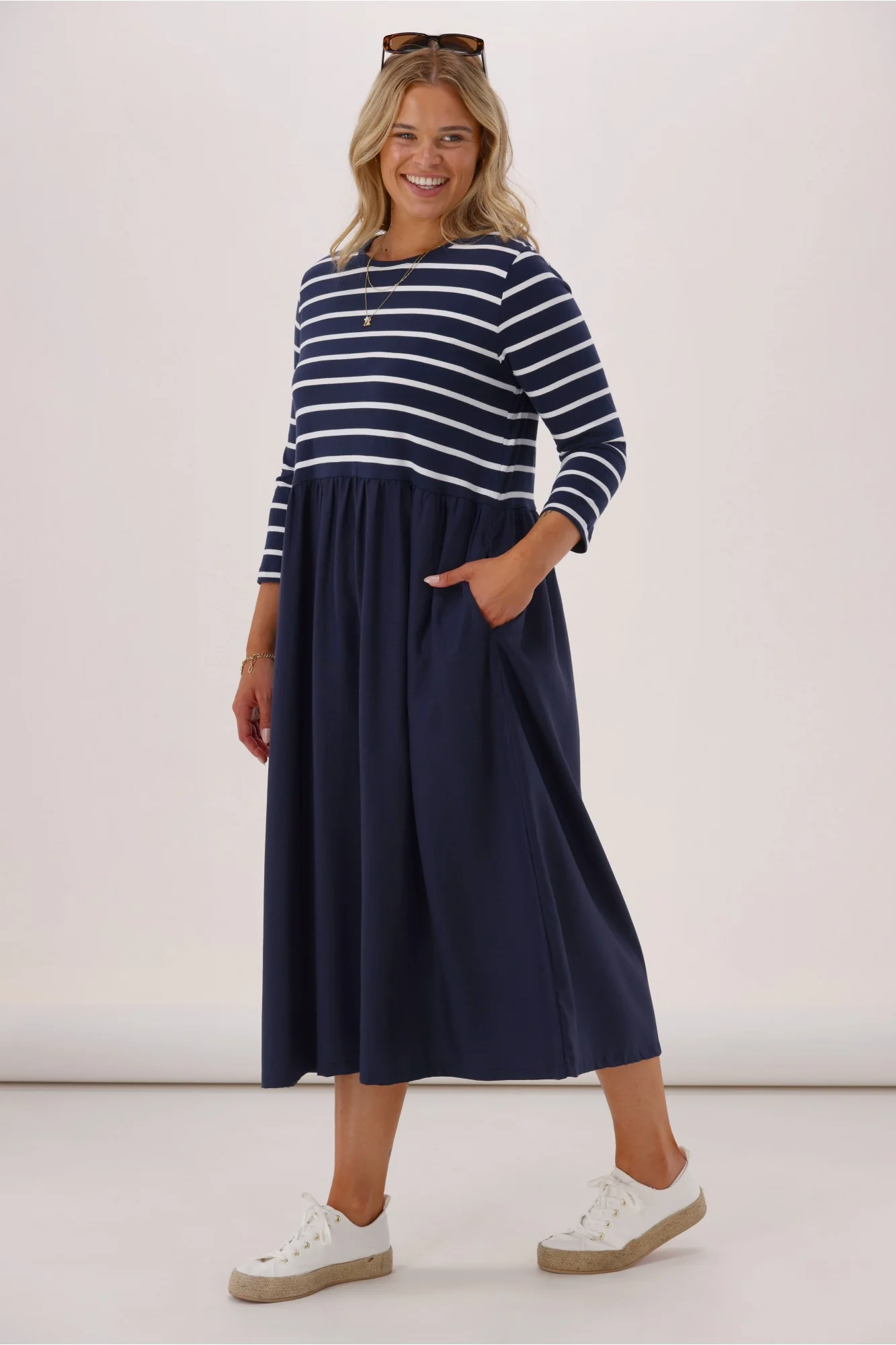 Elm Parker 3/4 Sleeve Dress Navy Stripe - Image 4