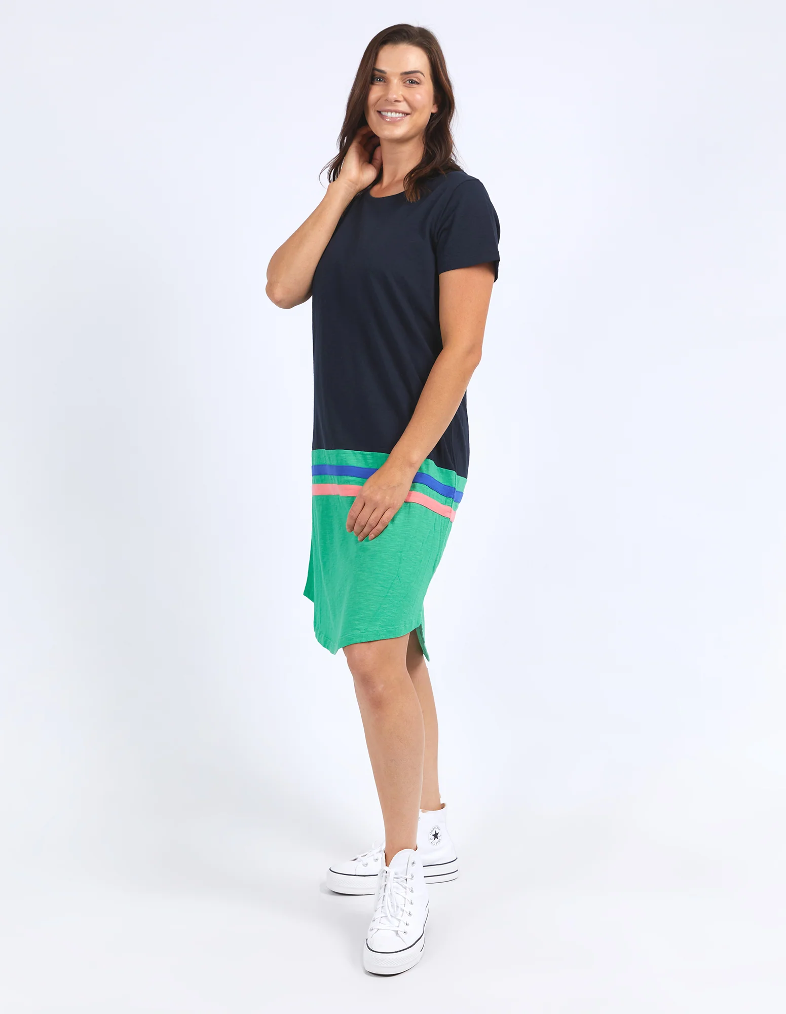 Elm Rhea Tee Dress Navy & Green Colour Block - Image 3