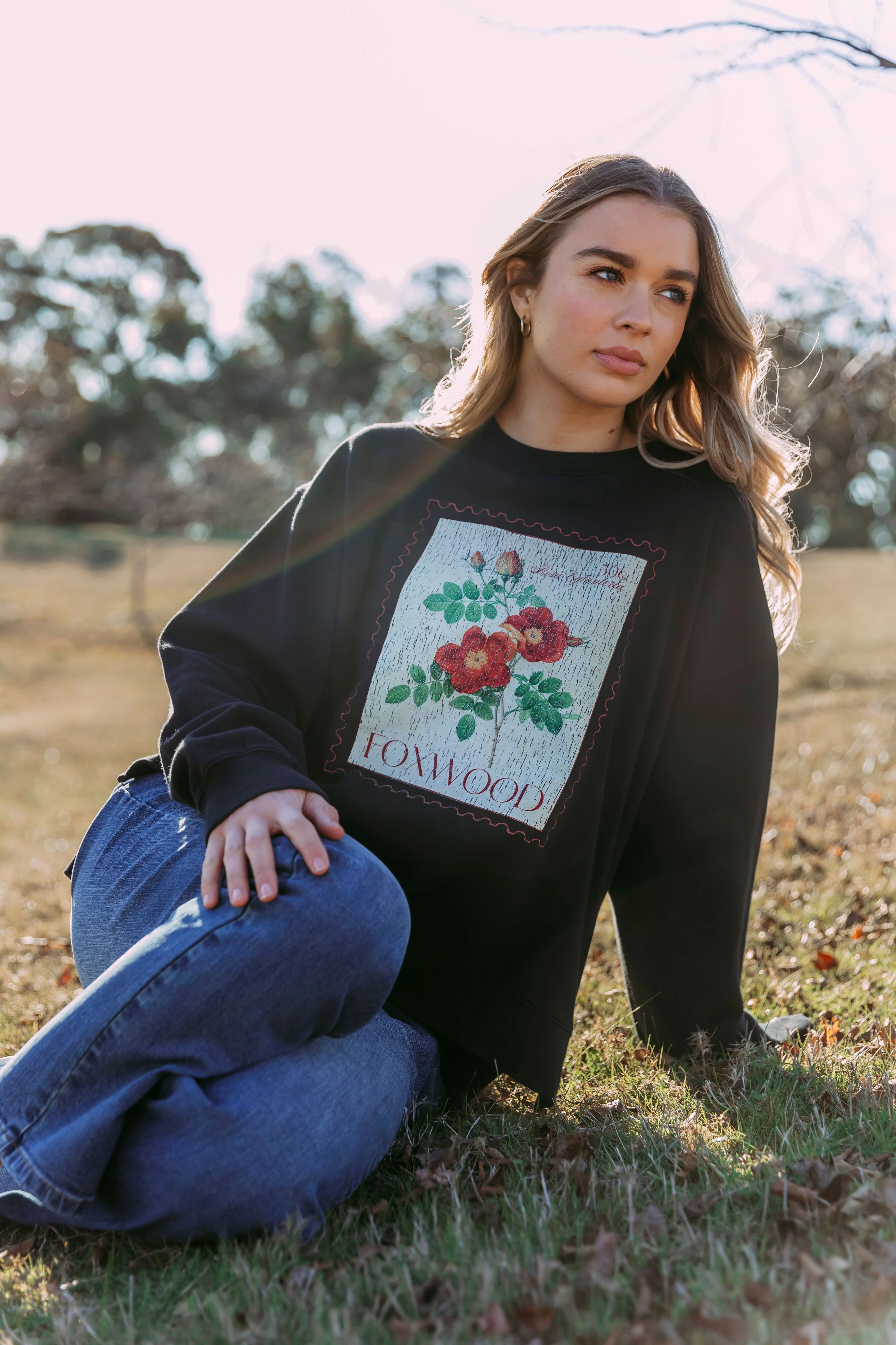 Foxwood Stamped Floral Crew Black - Image 3