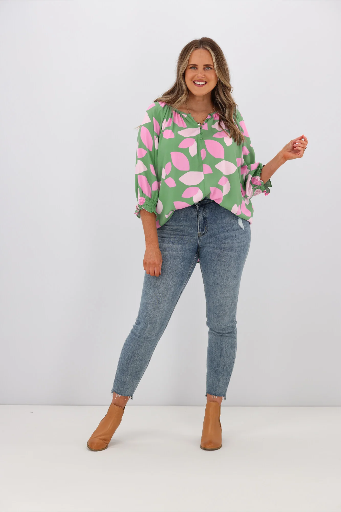 Fria Cleo Amora Half Open Neck Top Green - Image 2
