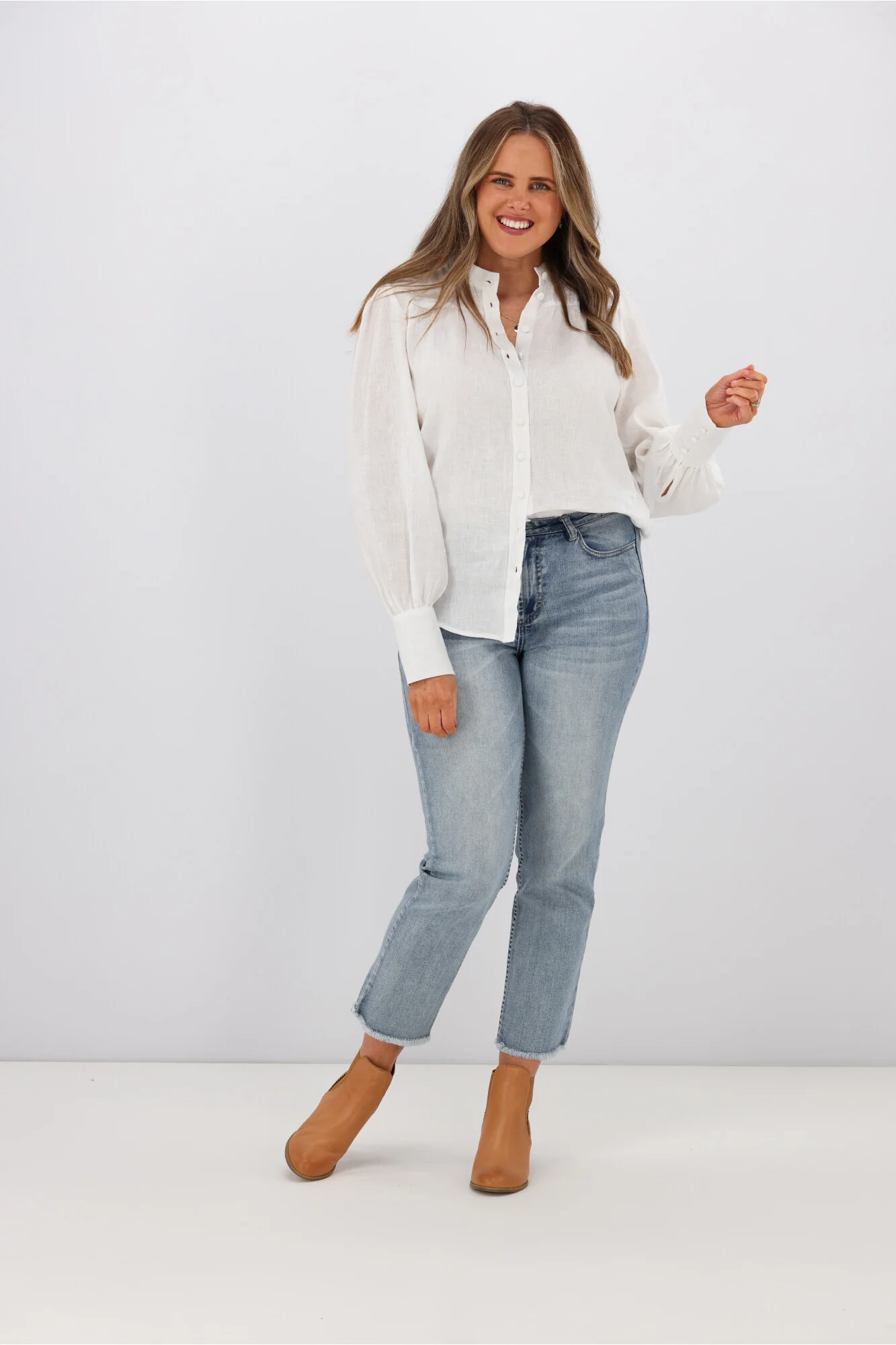 Fria Jessamine Linen Peasant Sleeve Blouse White - Image 2
