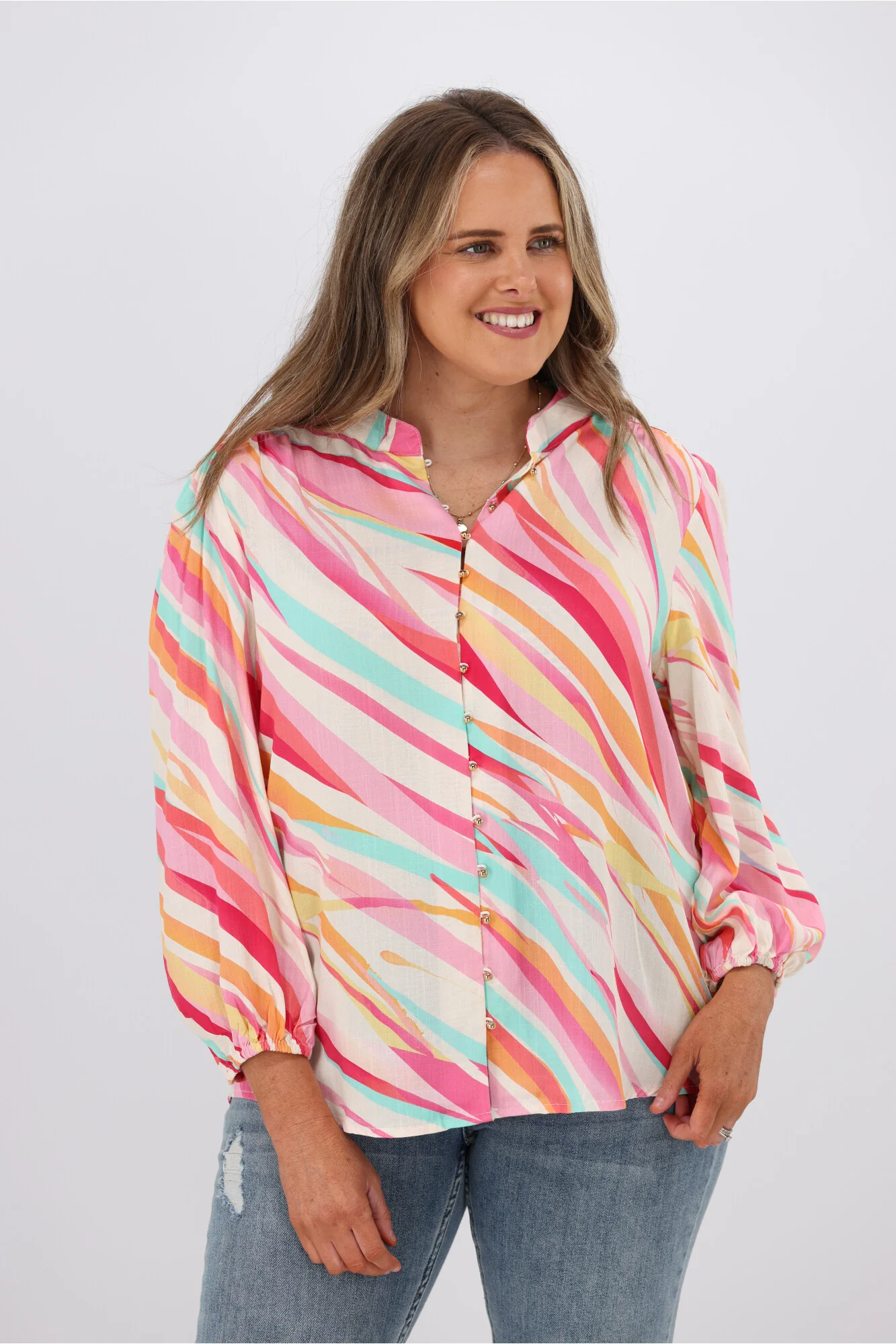Fria Sophie Linear Color Ball Button Blouse Pink - Image 2