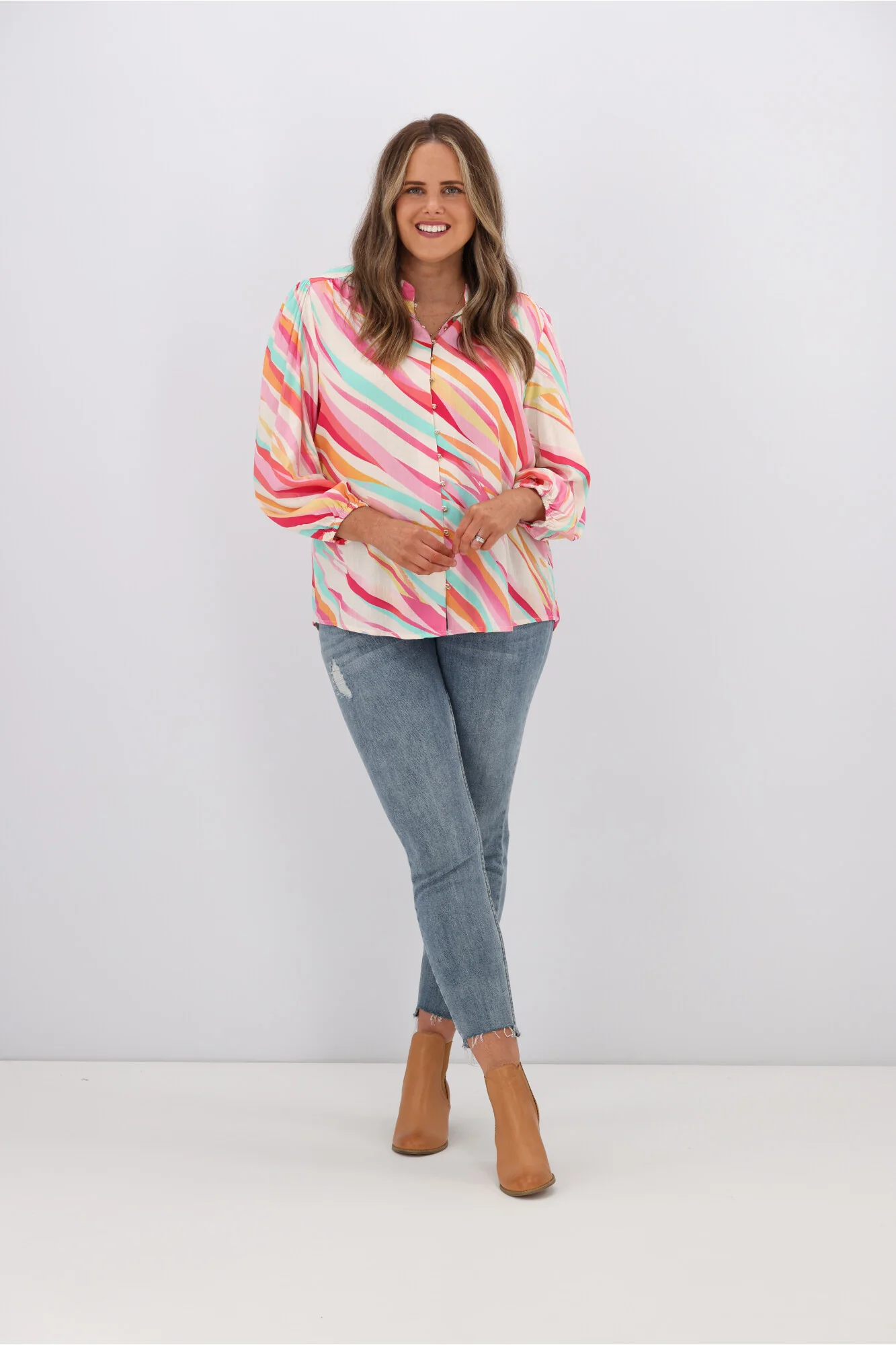 Fria Sophie Linear Color Ball Button Blouse Pink - Image 3