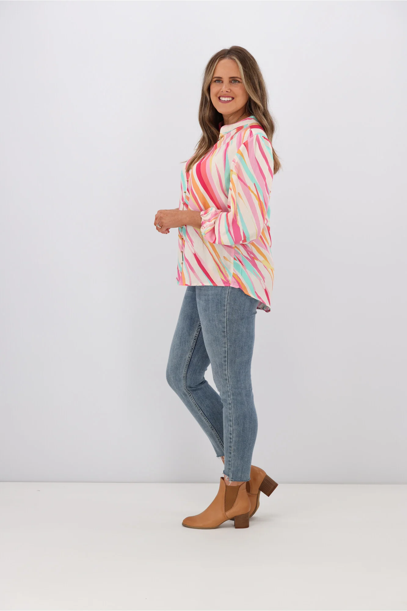 Fria Sophie Linear Color Ball Button Blouse Pink - Image 4