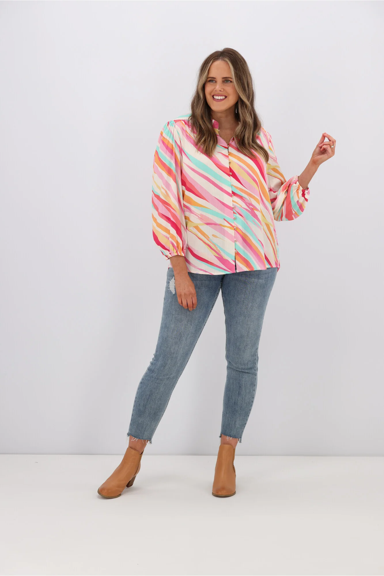Fria Sophie Linear Color Ball Button Blouse Pink - Image 5