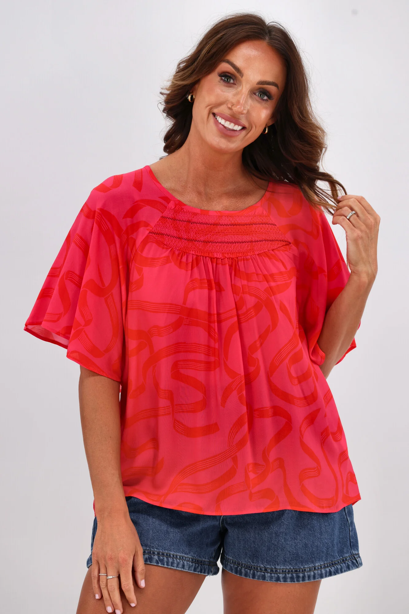 Gloss by Shine On Alesandra Flutter Sleeve Top Pink Red Ribbon Print - Image 2