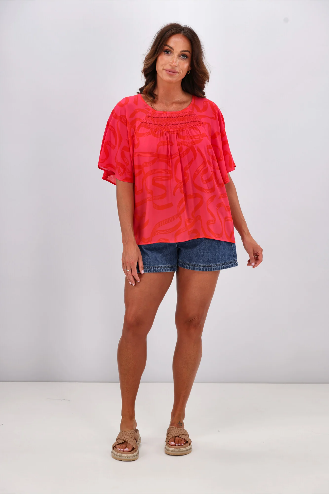 Gloss by Shine On Alesandra Flutter Sleeve Top Pink Red Ribbon Print - Image 3