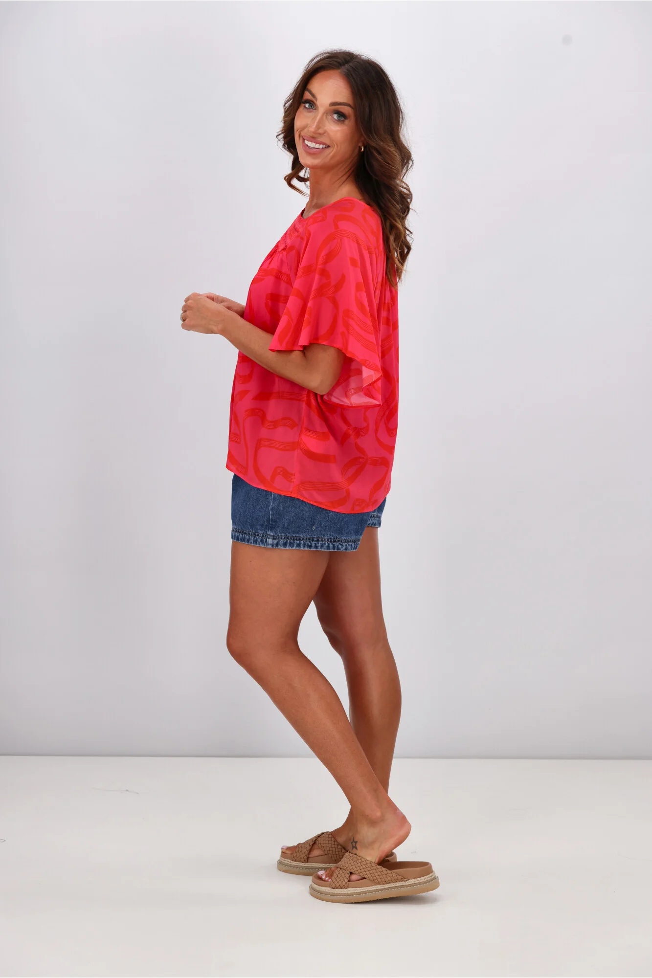 Gloss by Shine On Alesandra Flutter Sleeve Top Pink Red Ribbon Print - Image 5
