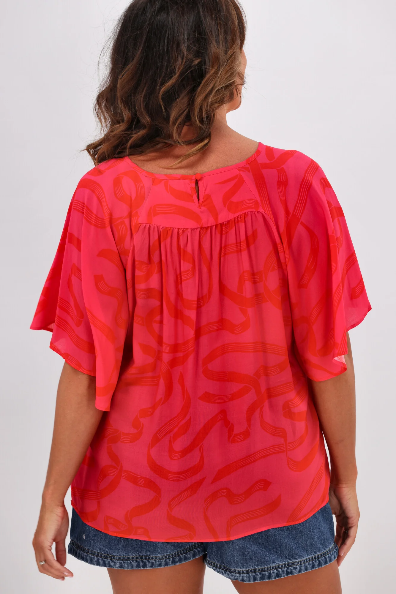 Gloss by Shine On Alesandra Flutter Sleeve Top Pink Red Ribbon Print - Image 6
