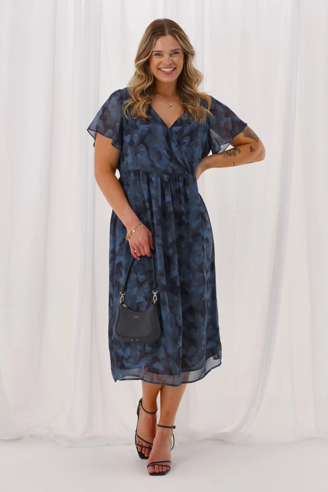 Gloss by Shine On Bradley Wrap Front Dress Blue Watercolour Print