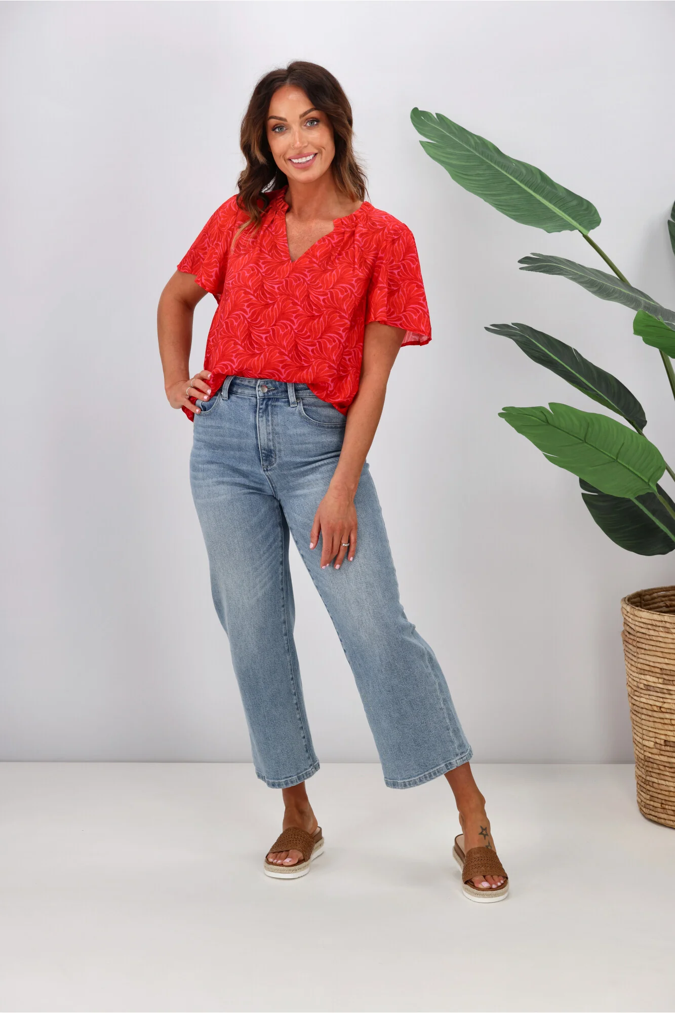 Gloss by Shine On Celeste Flutter Sleeve Blouse Pink Red Geo