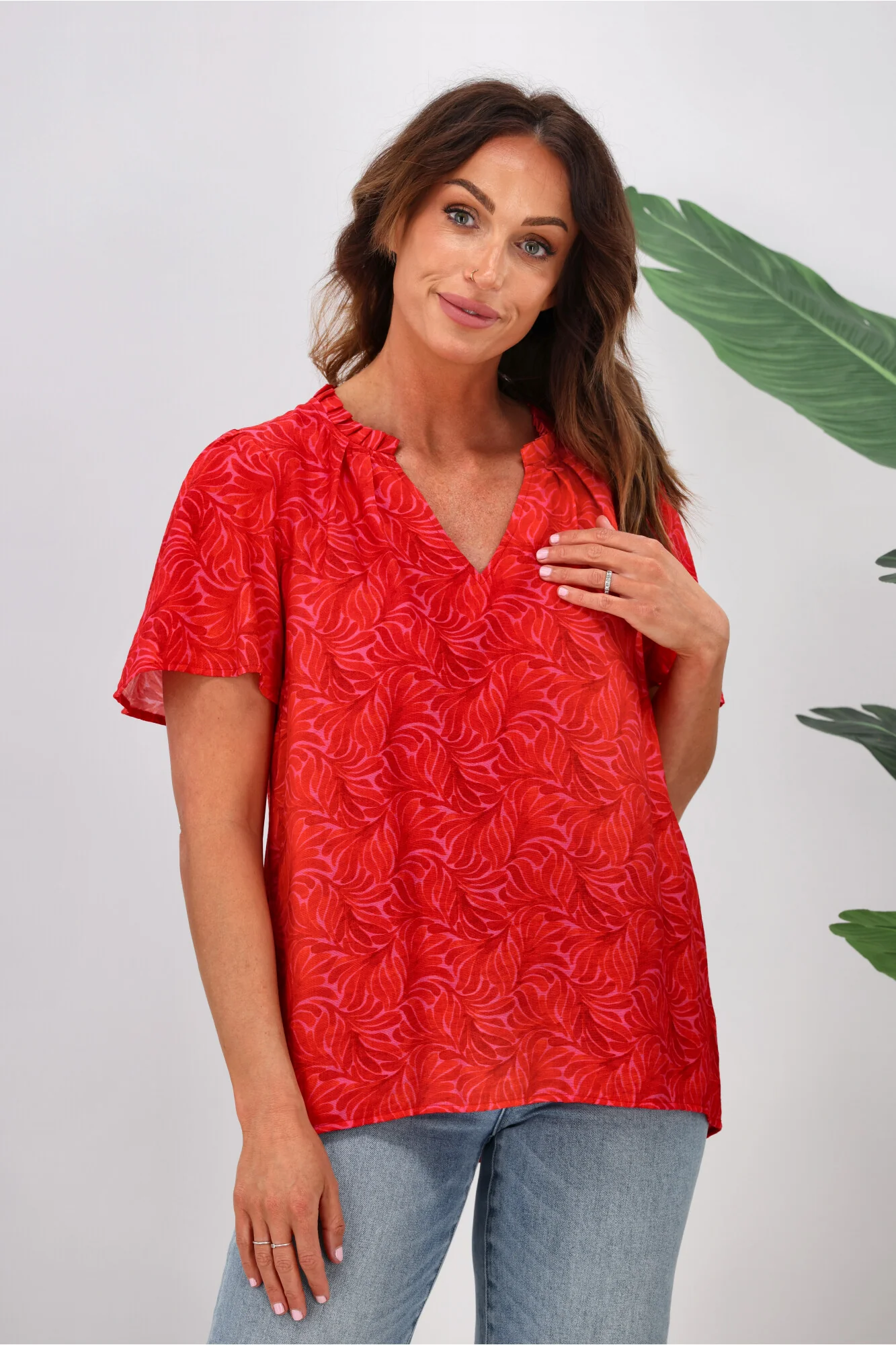 Gloss by Shine On Celeste Flutter Sleeve Blouse Pink Red Geo - Image 2