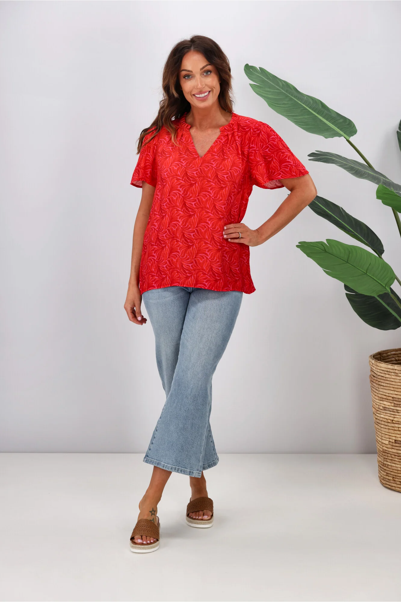 Gloss by Shine On Celeste Flutter Sleeve Blouse Pink Red Geo - Image 3
