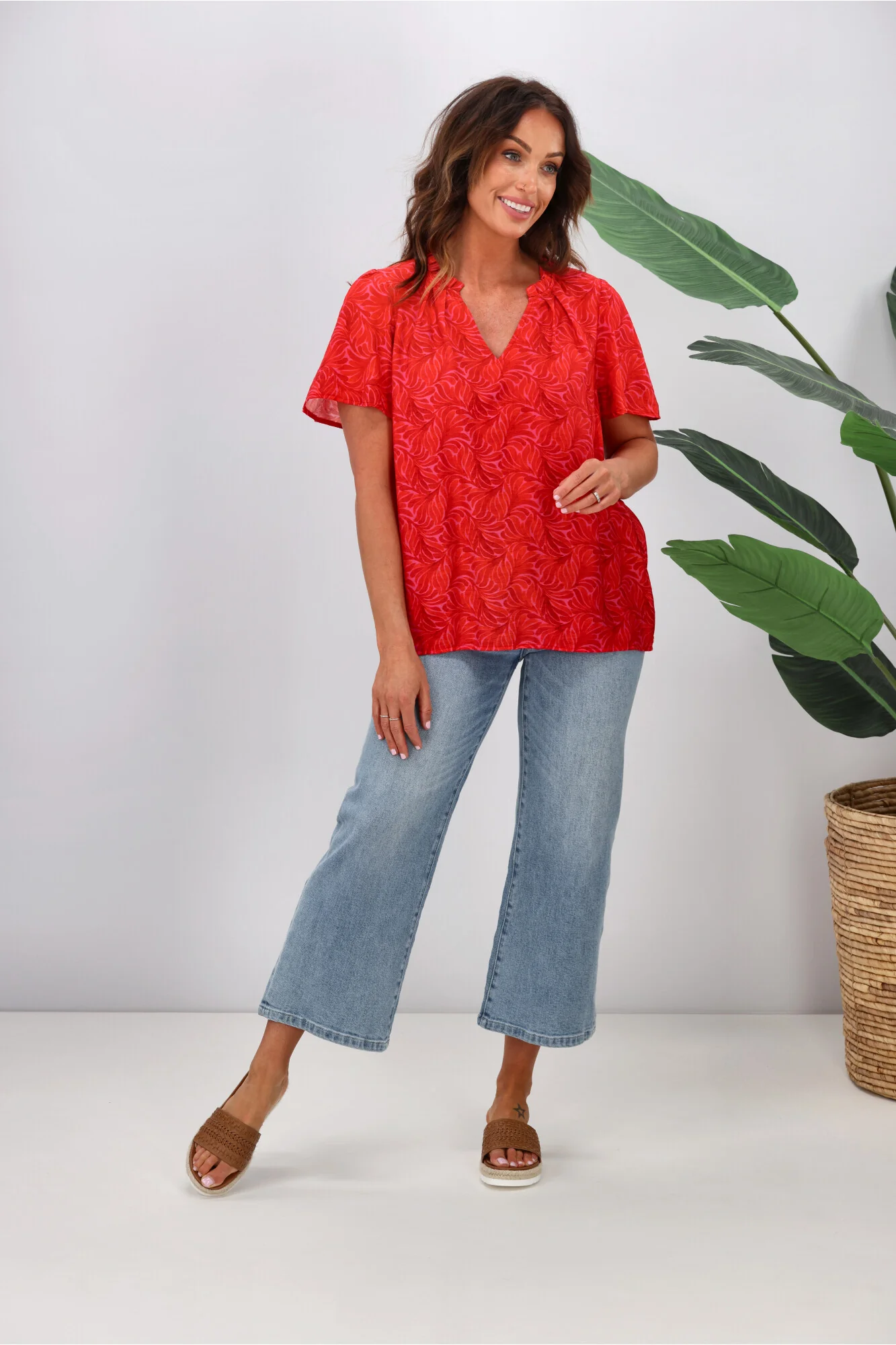 Gloss by Shine On Celeste Flutter Sleeve Blouse Pink Red Geo - Image 4