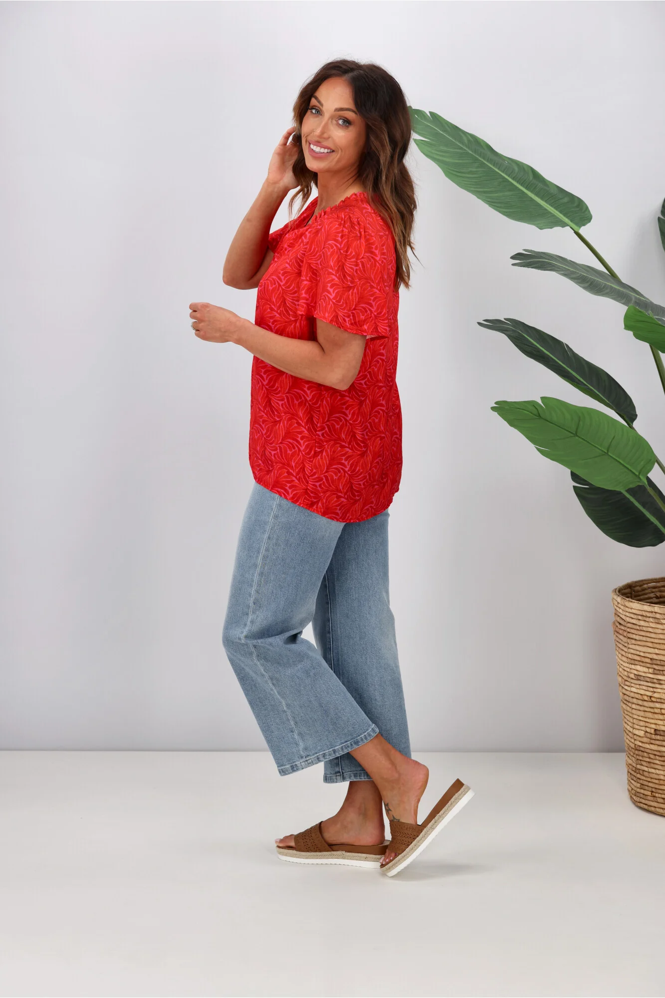 Gloss by Shine On Celeste Flutter Sleeve Blouse Pink Red Geo - Image 5