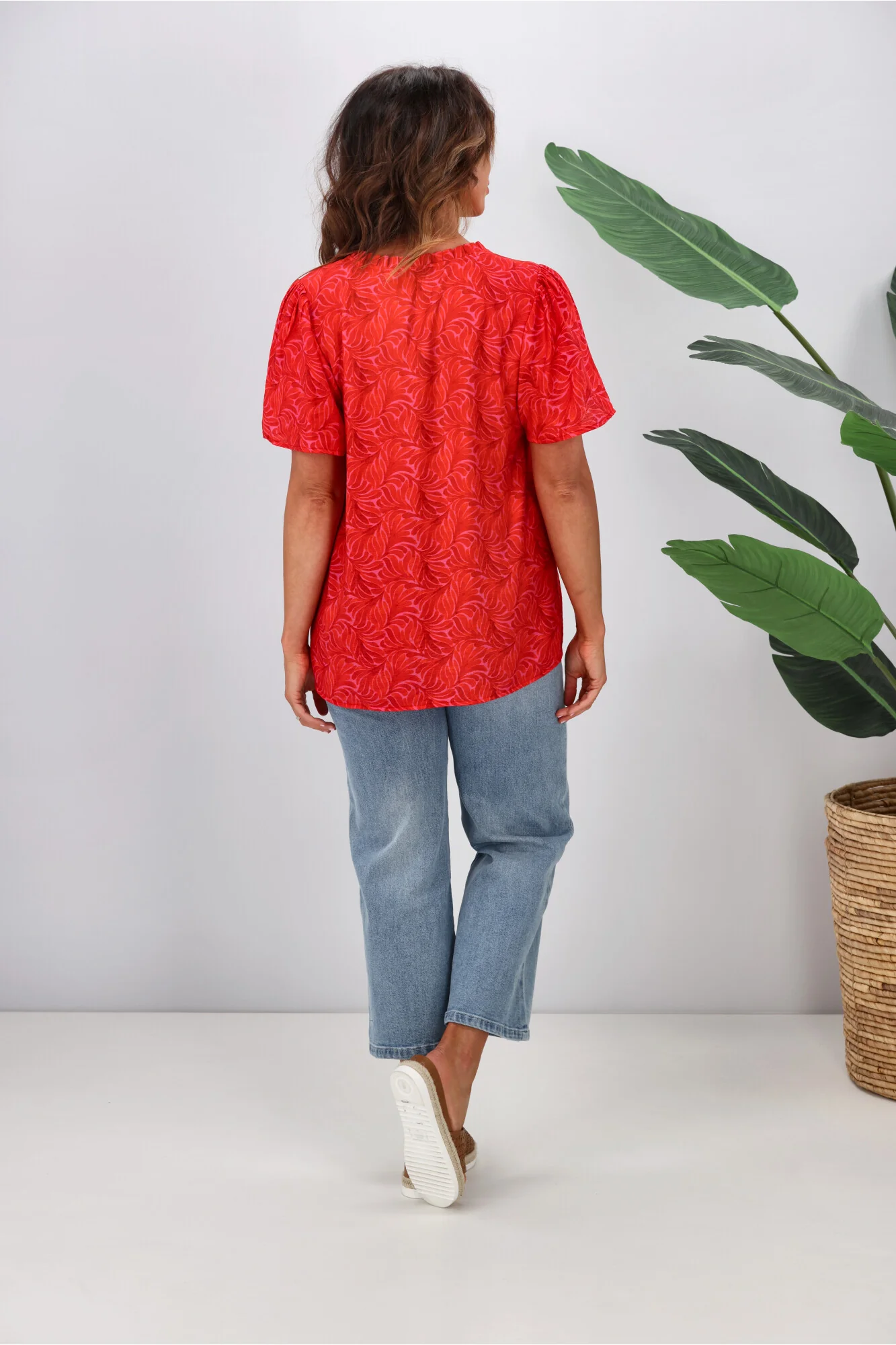 Gloss by Shine On Celeste Flutter Sleeve Blouse Pink Red Geo - Image 6