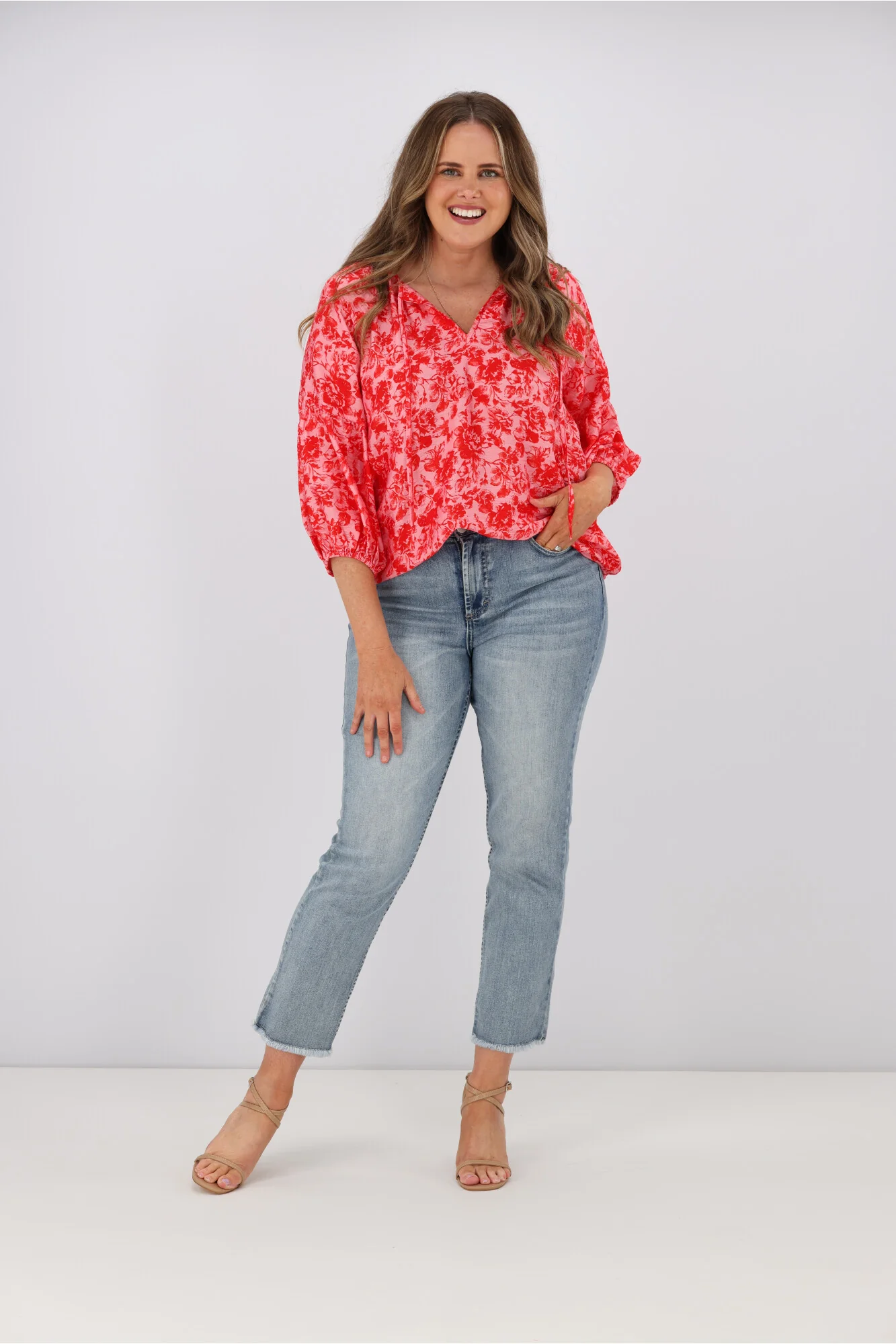 Gloss by Shine On Dana Tie Blouse Red Pink Floral - Image 2