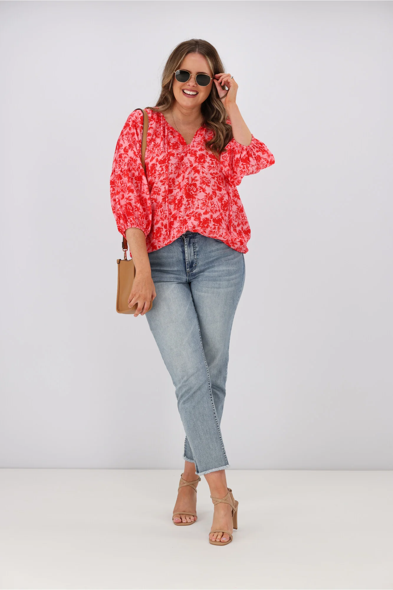 Gloss by Shine On Dana Tie Blouse Red Pink Floral - Image 3