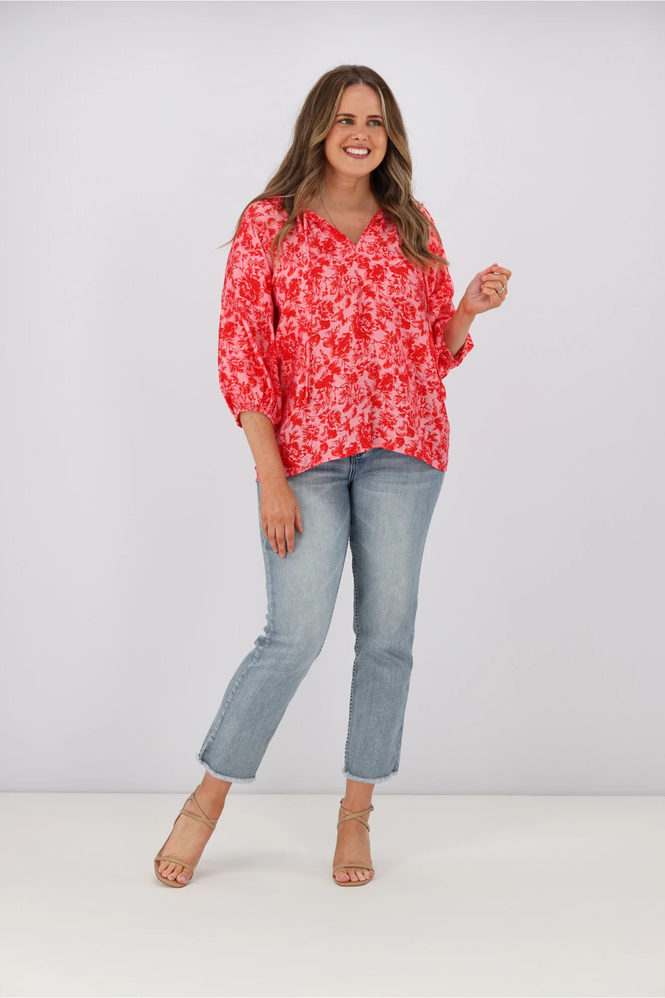 Gloss by Shine On Dana Tie Blouse Red Pink Floral - Image 4