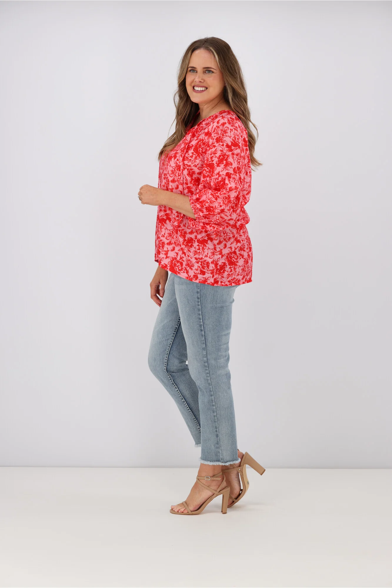 Gloss by Shine On Dana Tie Blouse Red Pink Floral - Image 5