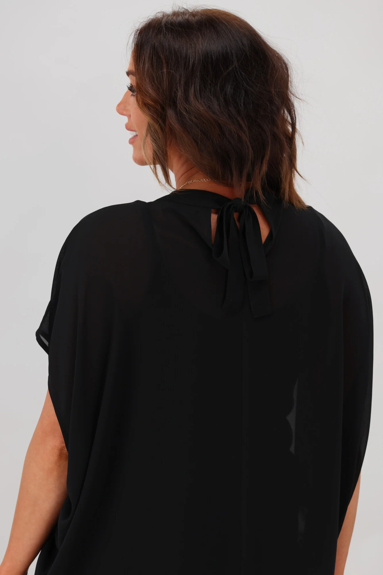 Gloss by Shine On Mathilda Batwing Tie Neck Top Black - Image 4