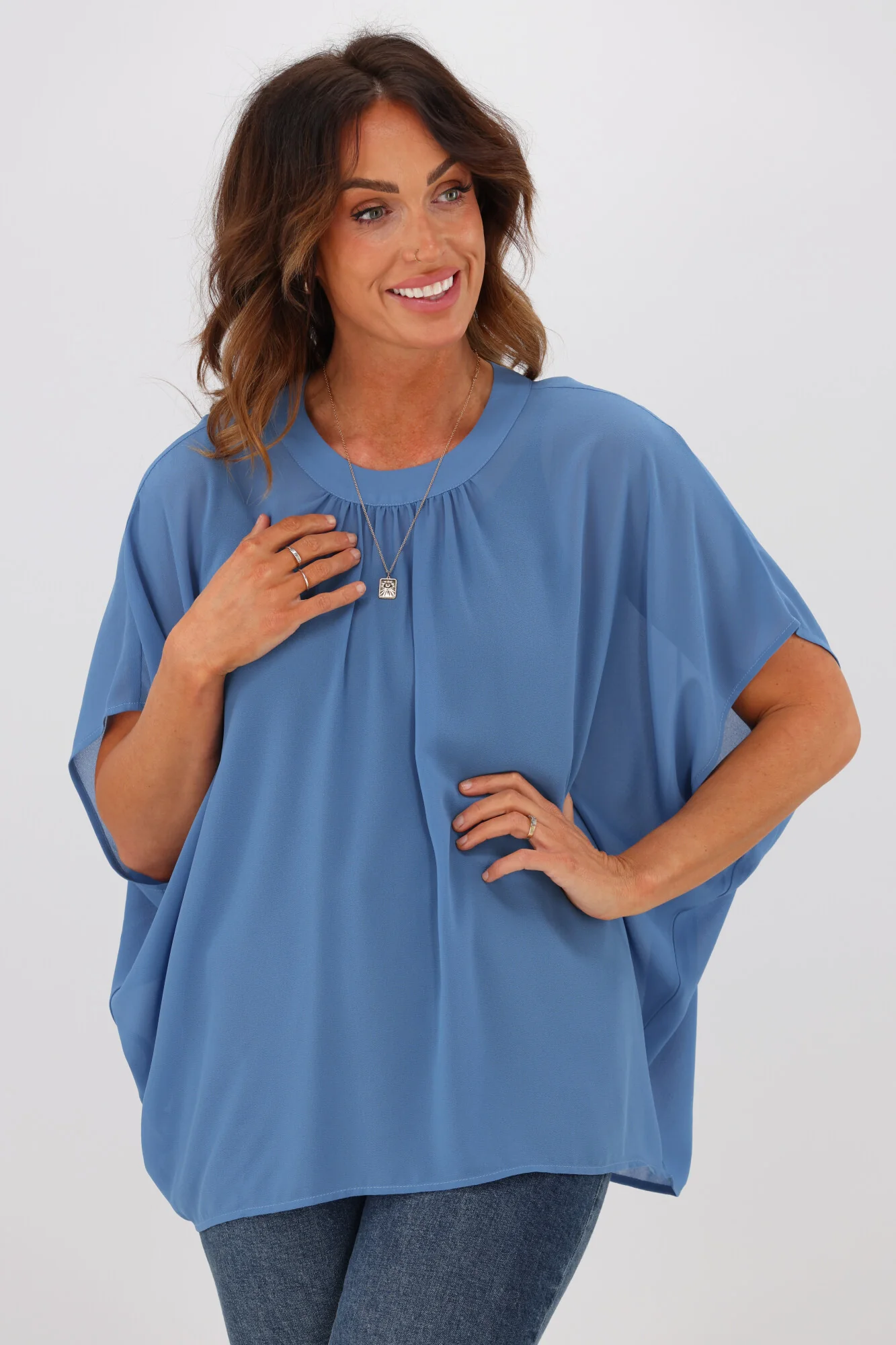 Gloss by Shine On Mathilda Batwing Tie Neck Top Blue - Image 2