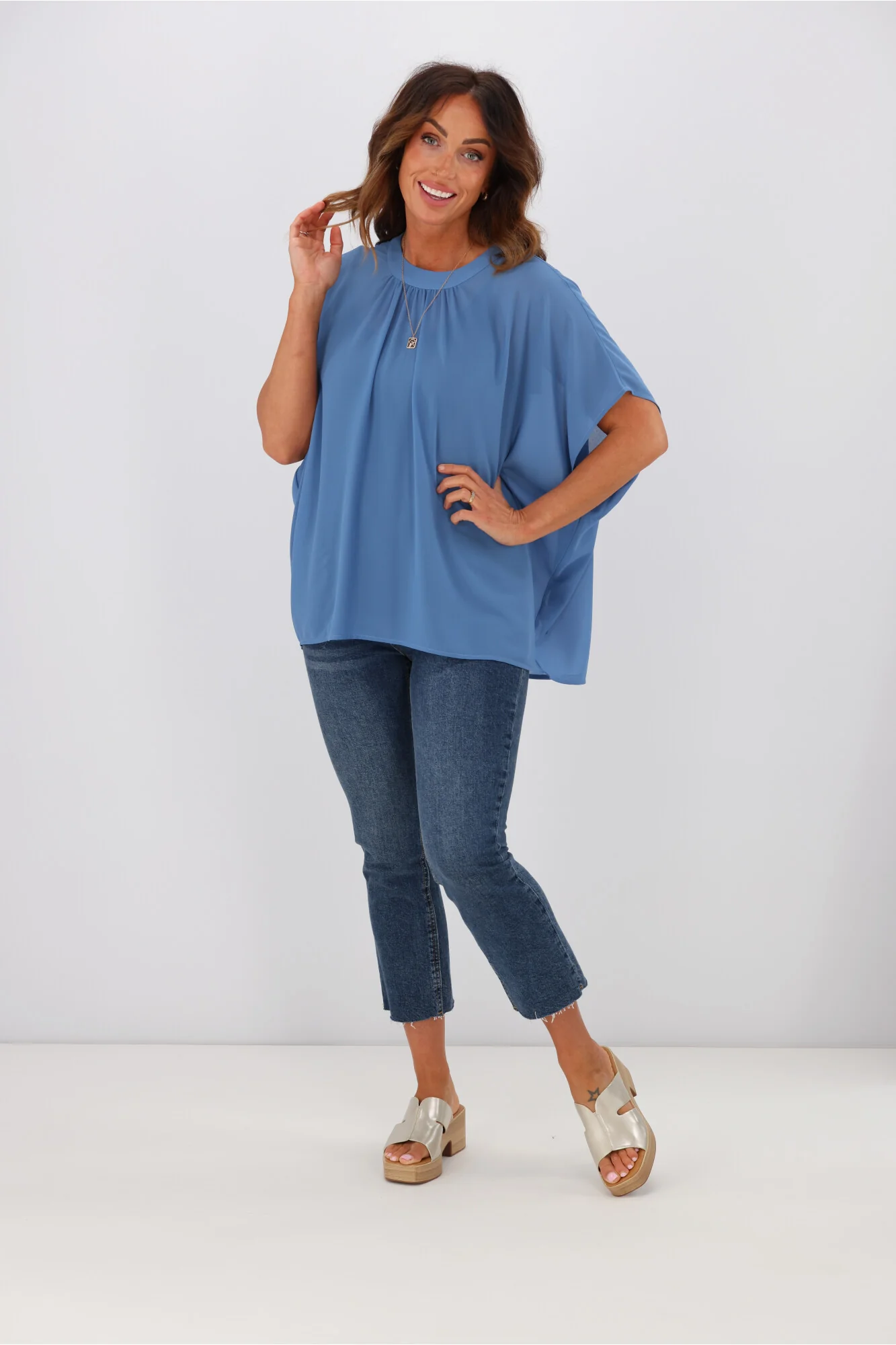 Gloss by Shine On Mathilda Batwing Tie Neck Top Blue - Image 3