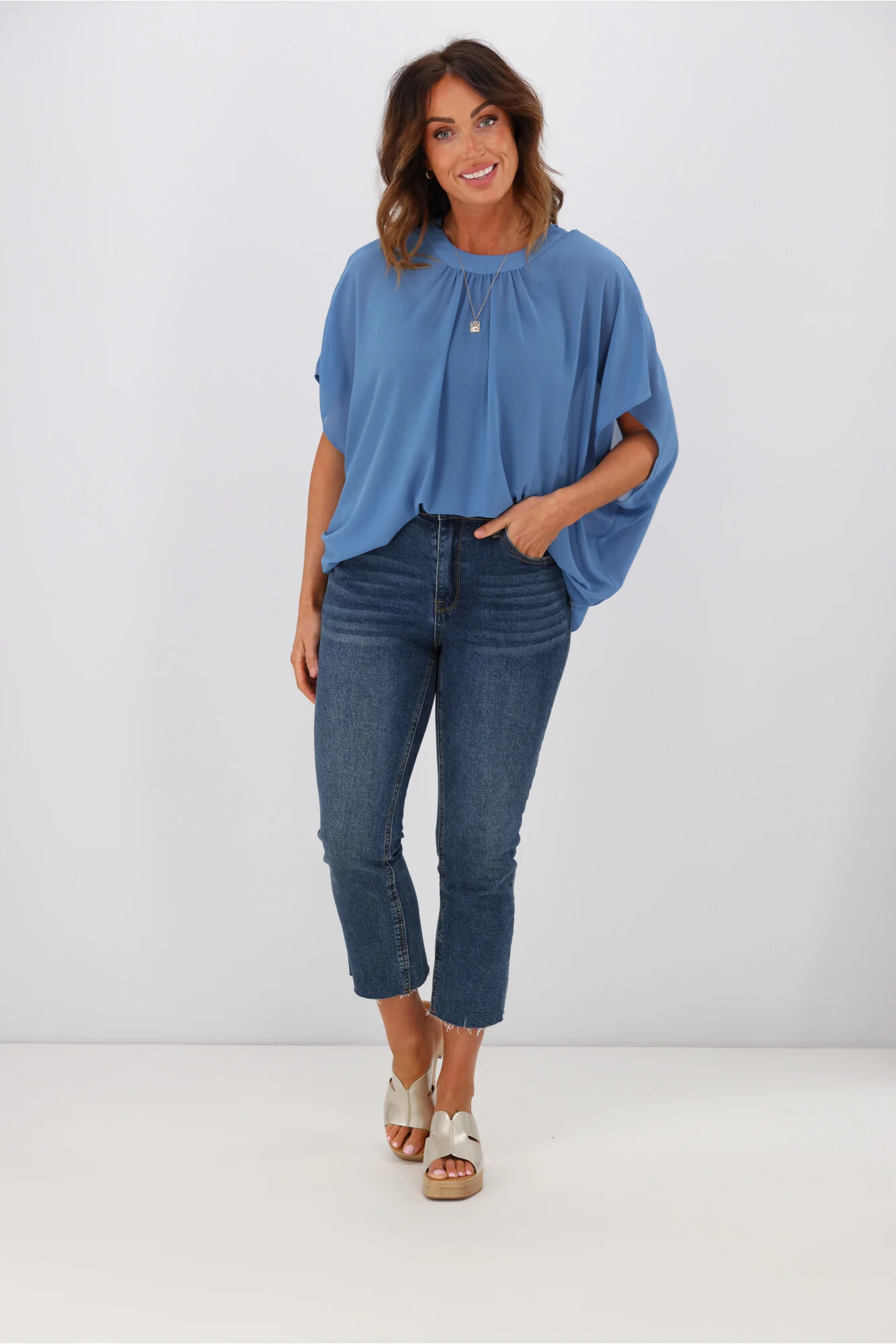 Gloss by Shine On Mathilda Batwing Tie Neck Top Blue - Image 4