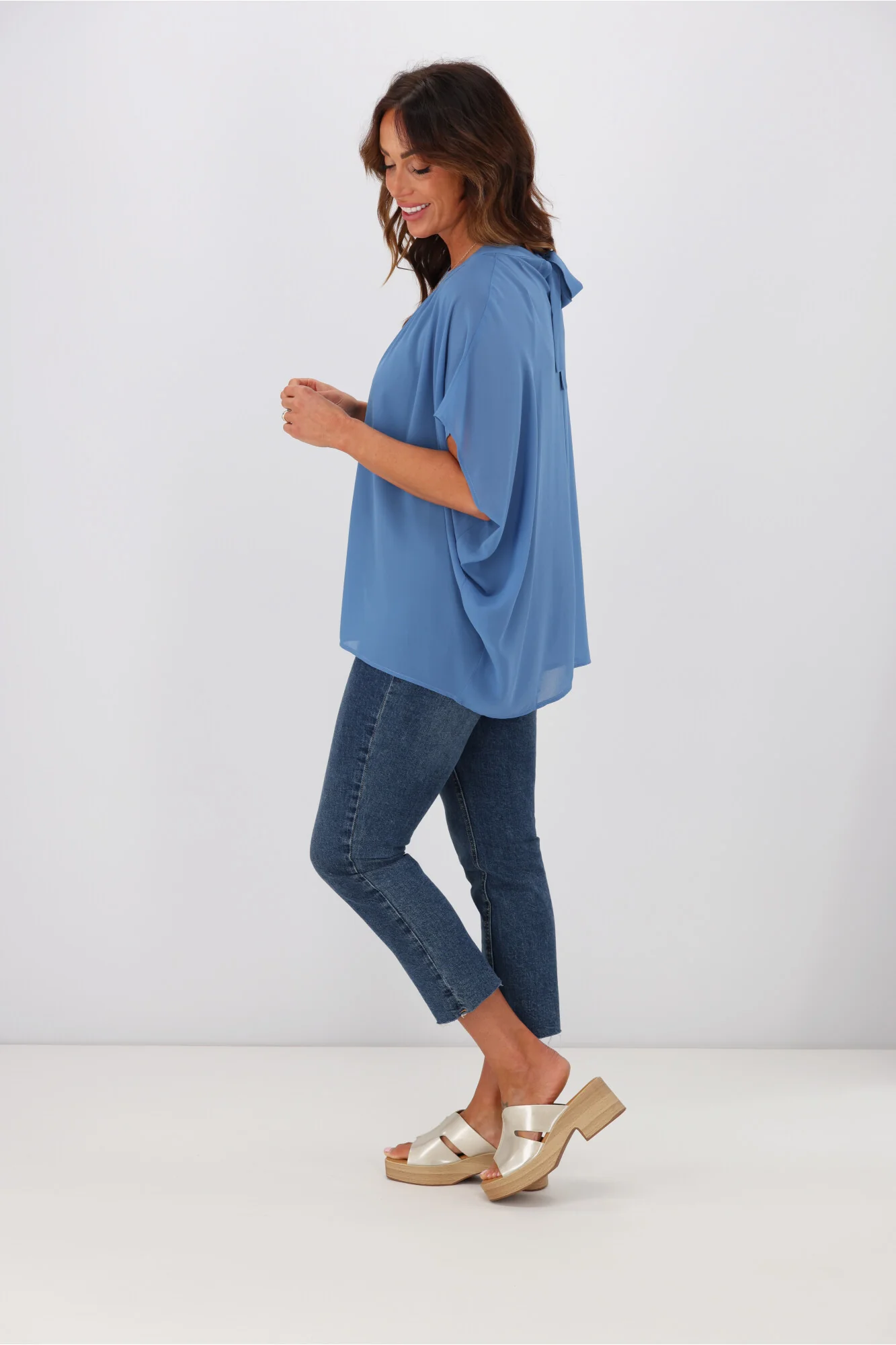 Gloss by Shine On Mathilda Batwing Tie Neck Top Blue - Image 5